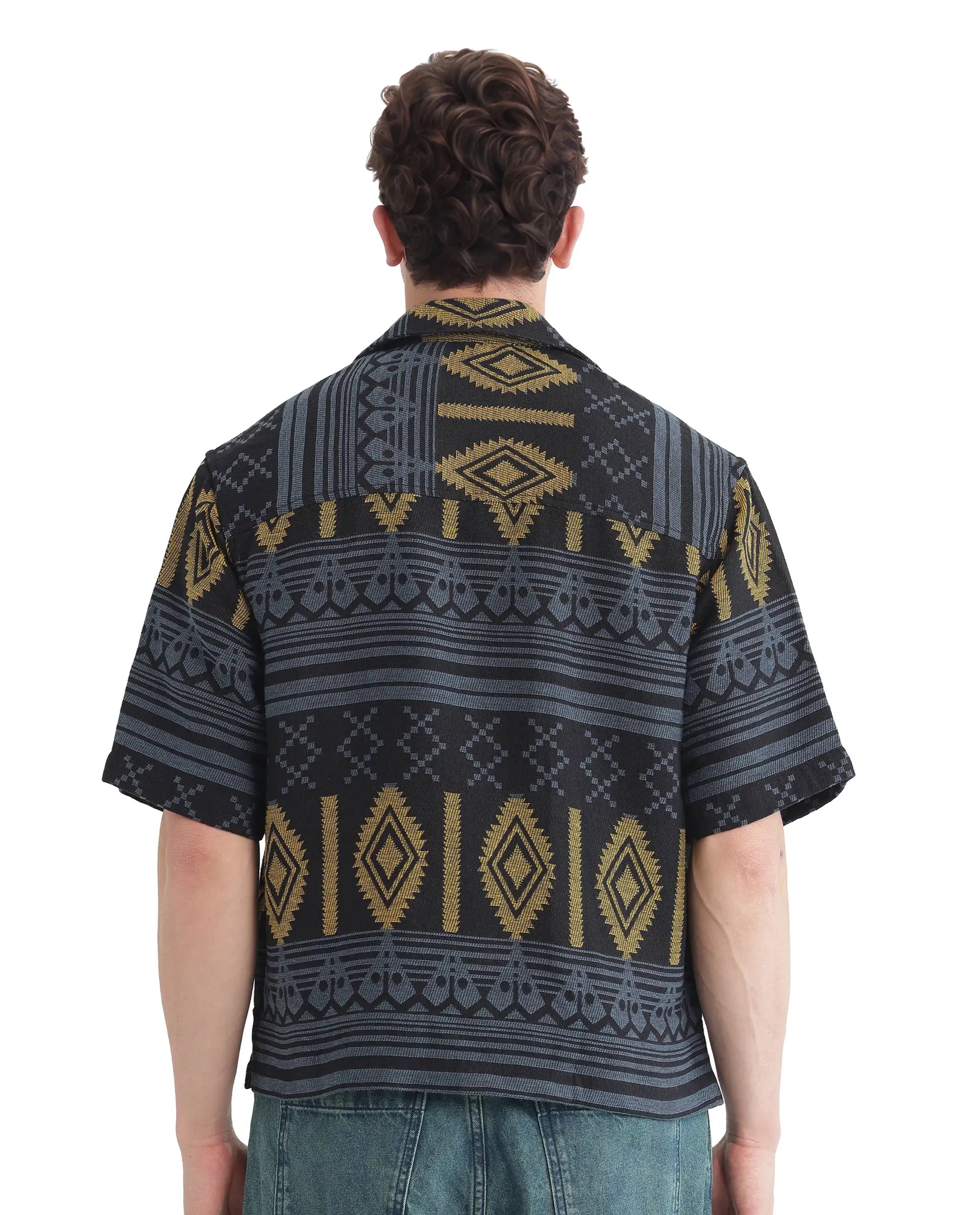 Rare Rabbit Men's Aztek Teal Cotton Jacquard Boxy Fit Half Sleeve Cuban Collar Shirt