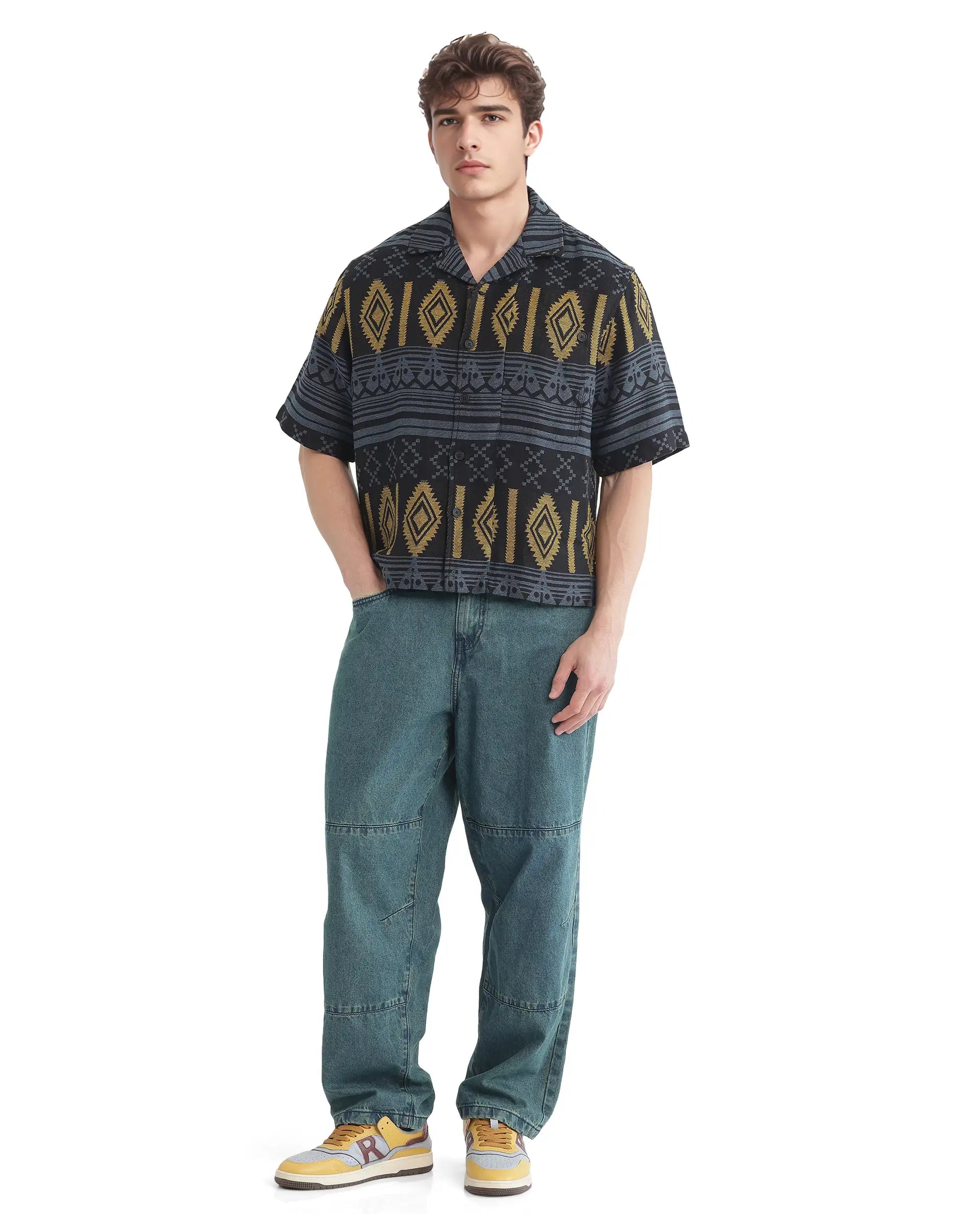 Rare Rabbit Men's Aztek Teal Cotton Jacquard Boxy Fit Half Sleeve Cuban Collar Shirt