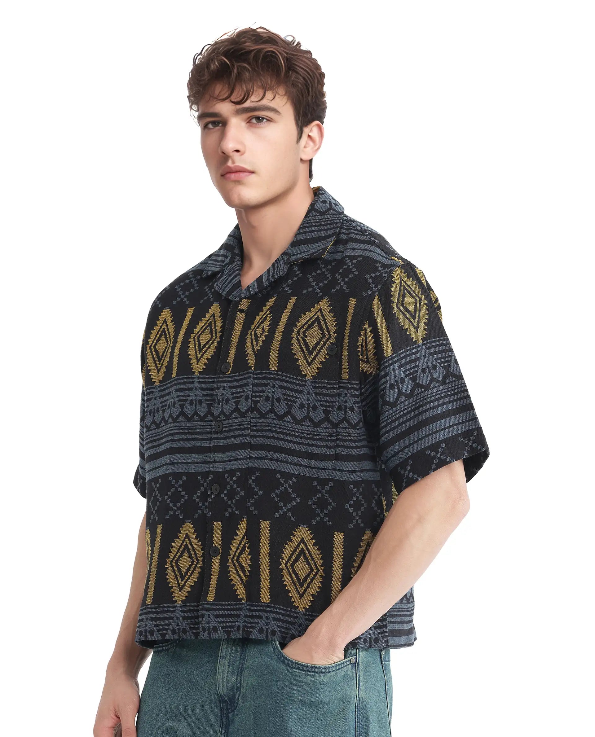Rare Rabbit Men's Aztek Teal Cotton Jacquard Boxy Fit Half Sleeve Cuban Collar Shirt