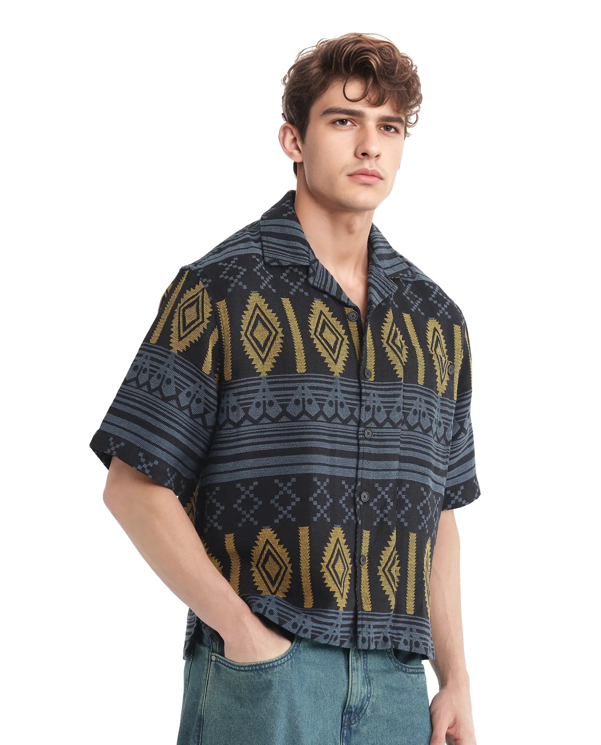 Rare Rabbit Men's Aztek Teal Cotton Jacquard Boxy Fit Half Sleeve Cuban Collar Shirt