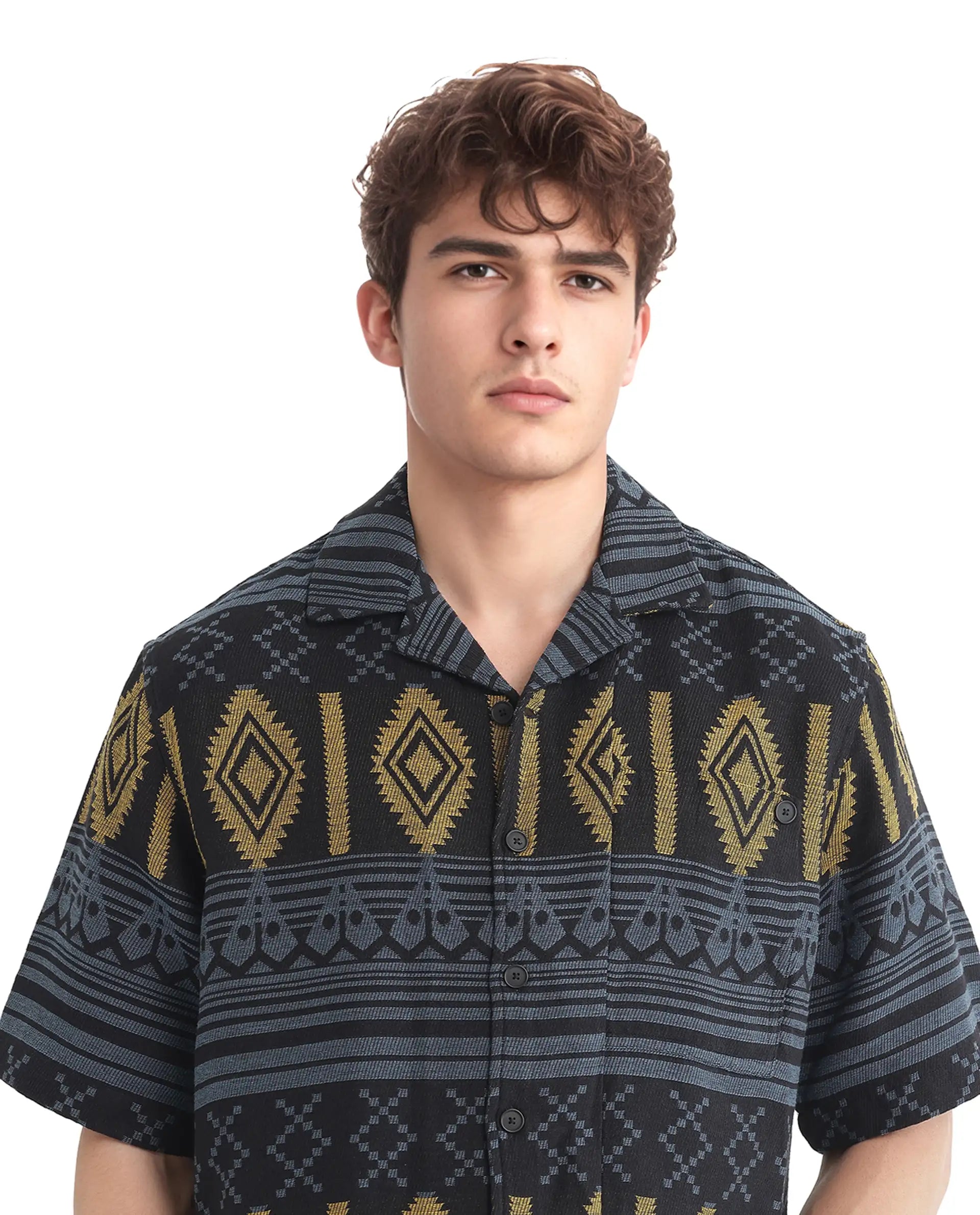 Rare Rabbit Men's Aztek Teal Cotton Jacquard Boxy Fit Half Sleeve Cuban Collar Shirt