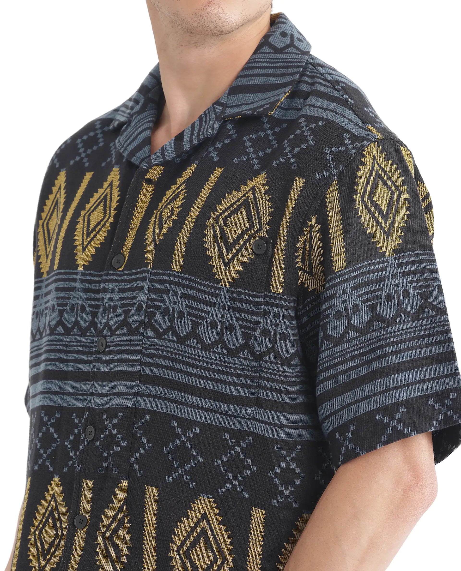 Rare Rabbit Men's Aztek Teal Cotton Jacquard Boxy Fit Half Sleeve Cuban Collar Shirt