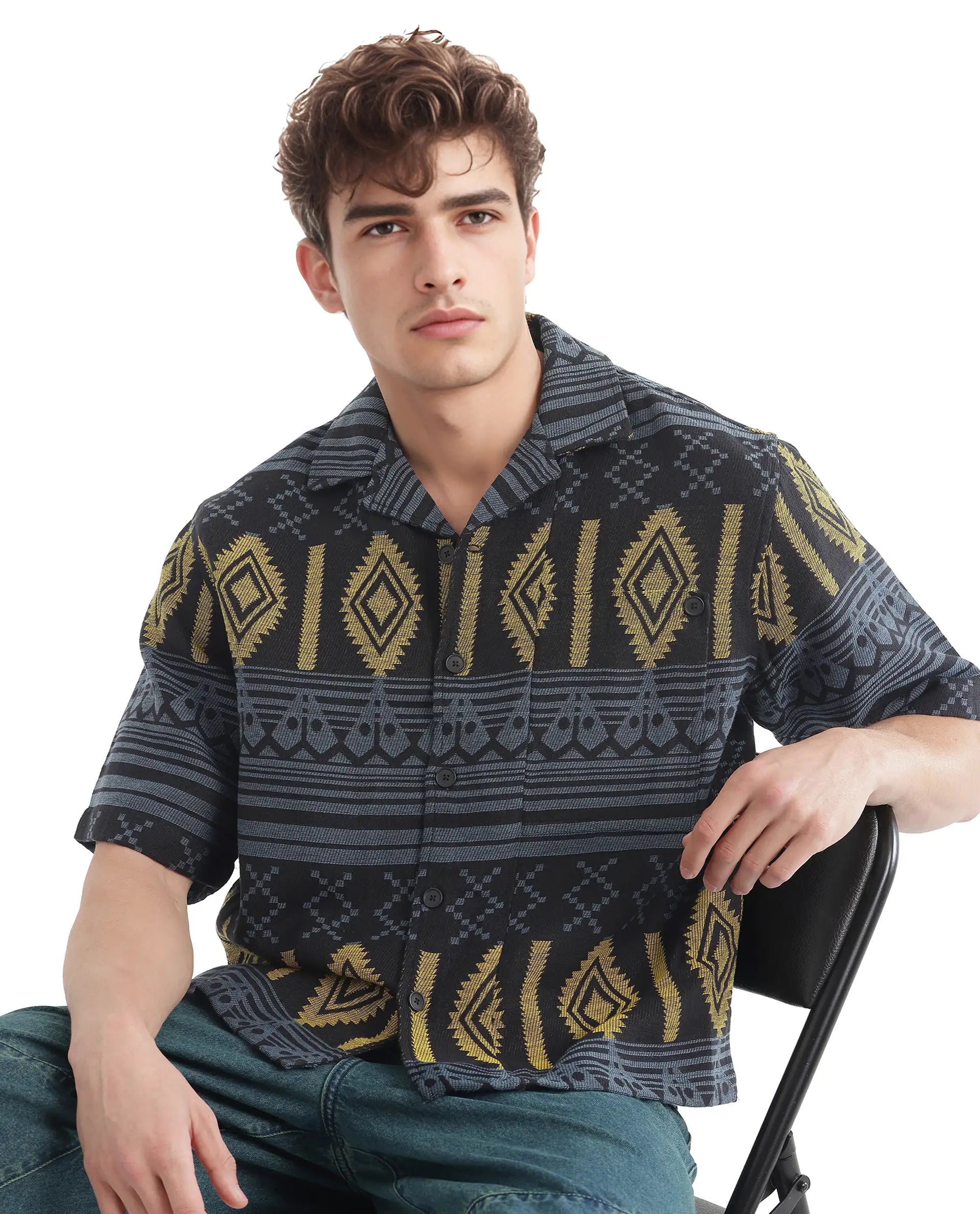 Rare Rabbit Men's Aztek Teal Cotton Jacquard Boxy Fit Half Sleeve Cuban Collar Shirt