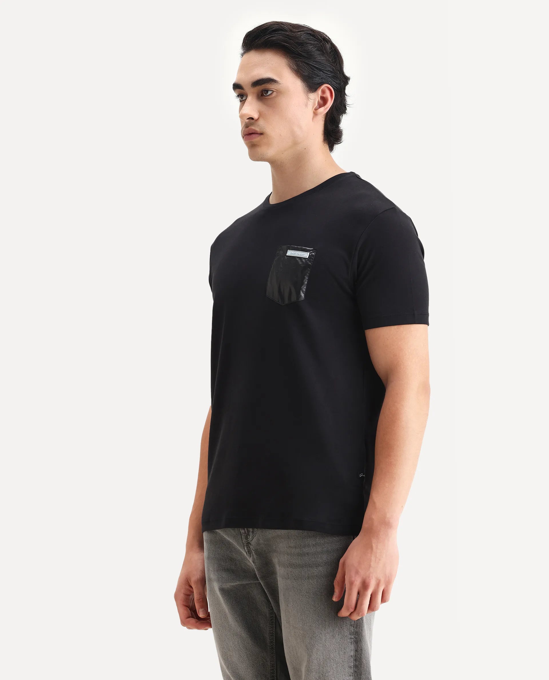 Rare Rabbit Men's Azul Black Cotton Plain Slim Fit Half Sleeve Crew Neck T-Shirt