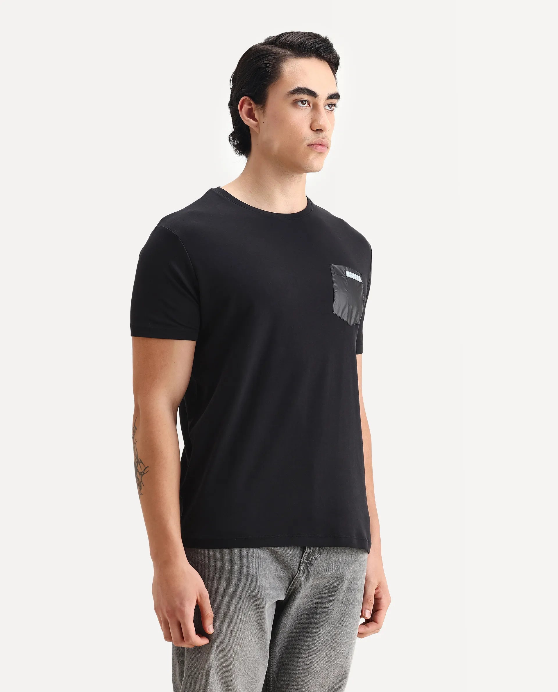 Rare Rabbit Men's Azul Black Cotton Plain Slim Fit Half Sleeve Crew Neck T-Shirt