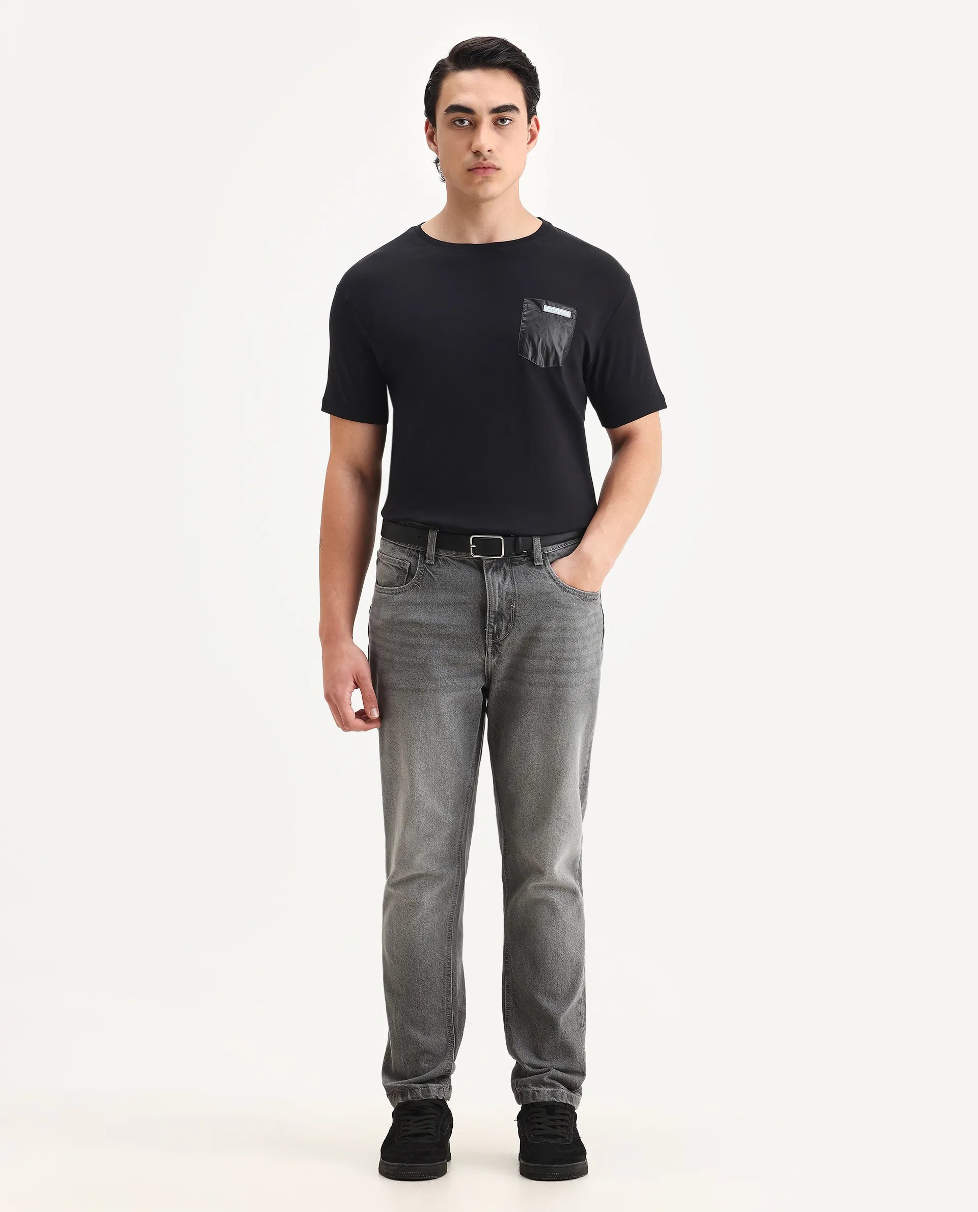 Rare Rabbit Men's Azul Black Cotton Plain Slim Fit Half Sleeve Crew Neck T-Shirt