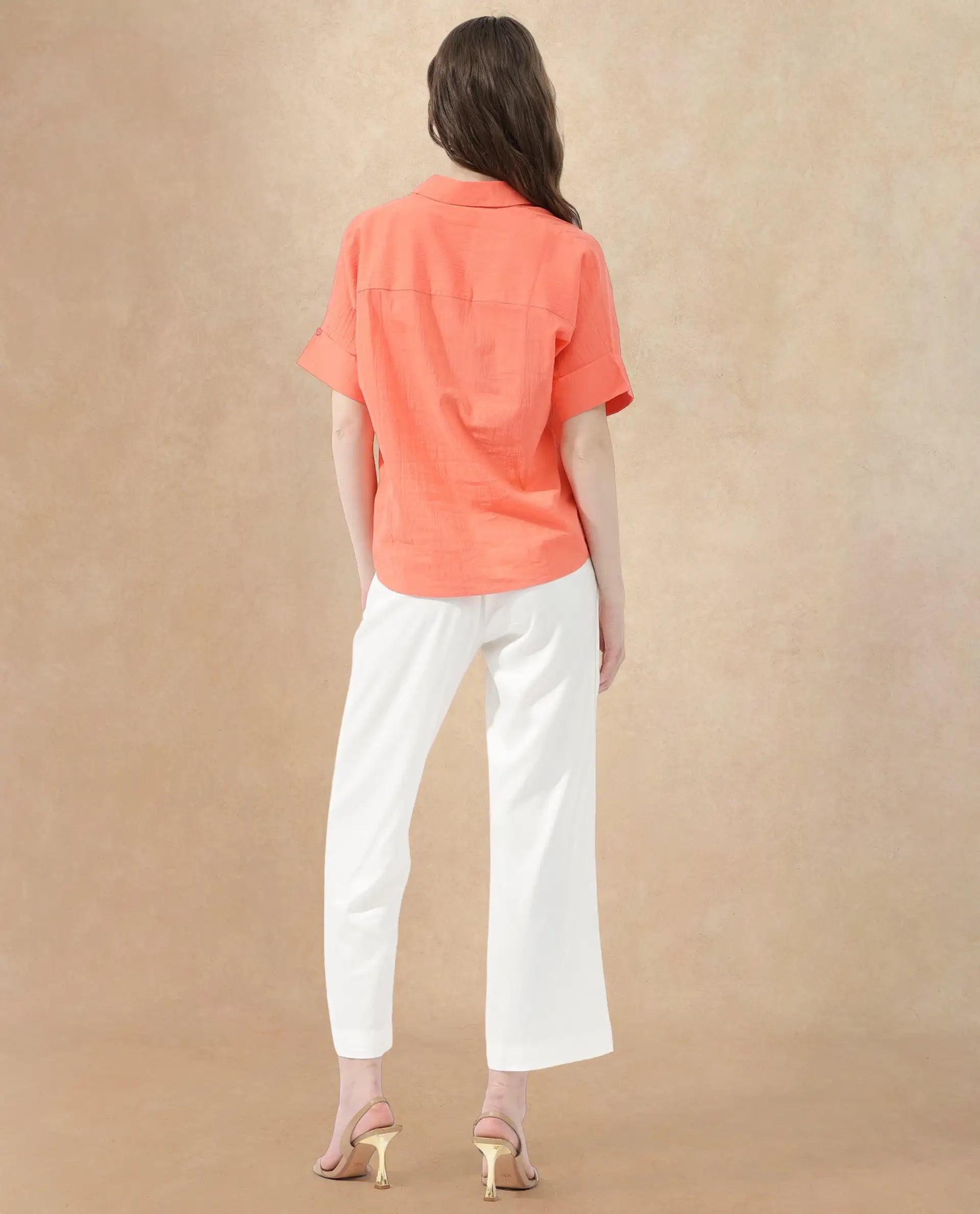 Rareism Women's Azzure Orange Cotton Drop Collar Plain Extended Sleeves Boxy Fit Top