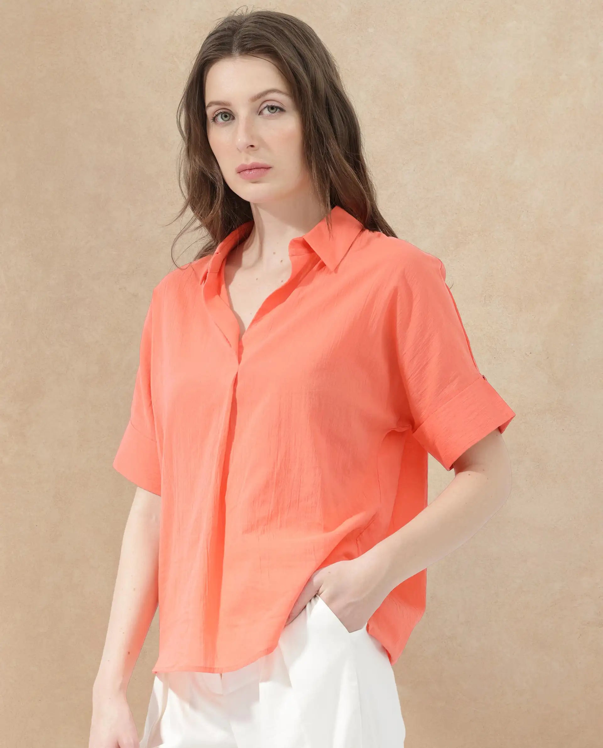Rareism Women's Azzure Orange Cotton Drop Collar Plain Extended Sleeves Boxy Fit Top