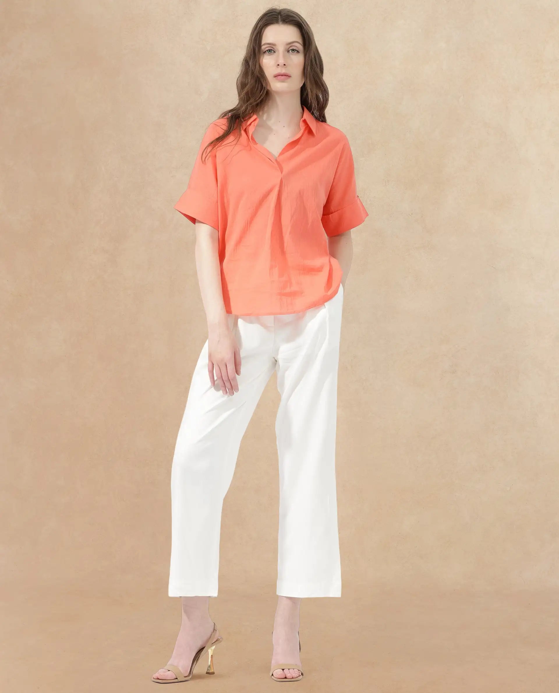 Rareism Women's Azzure Orange Cotton Drop Collar Plain Extended Sleeves Boxy Fit Top