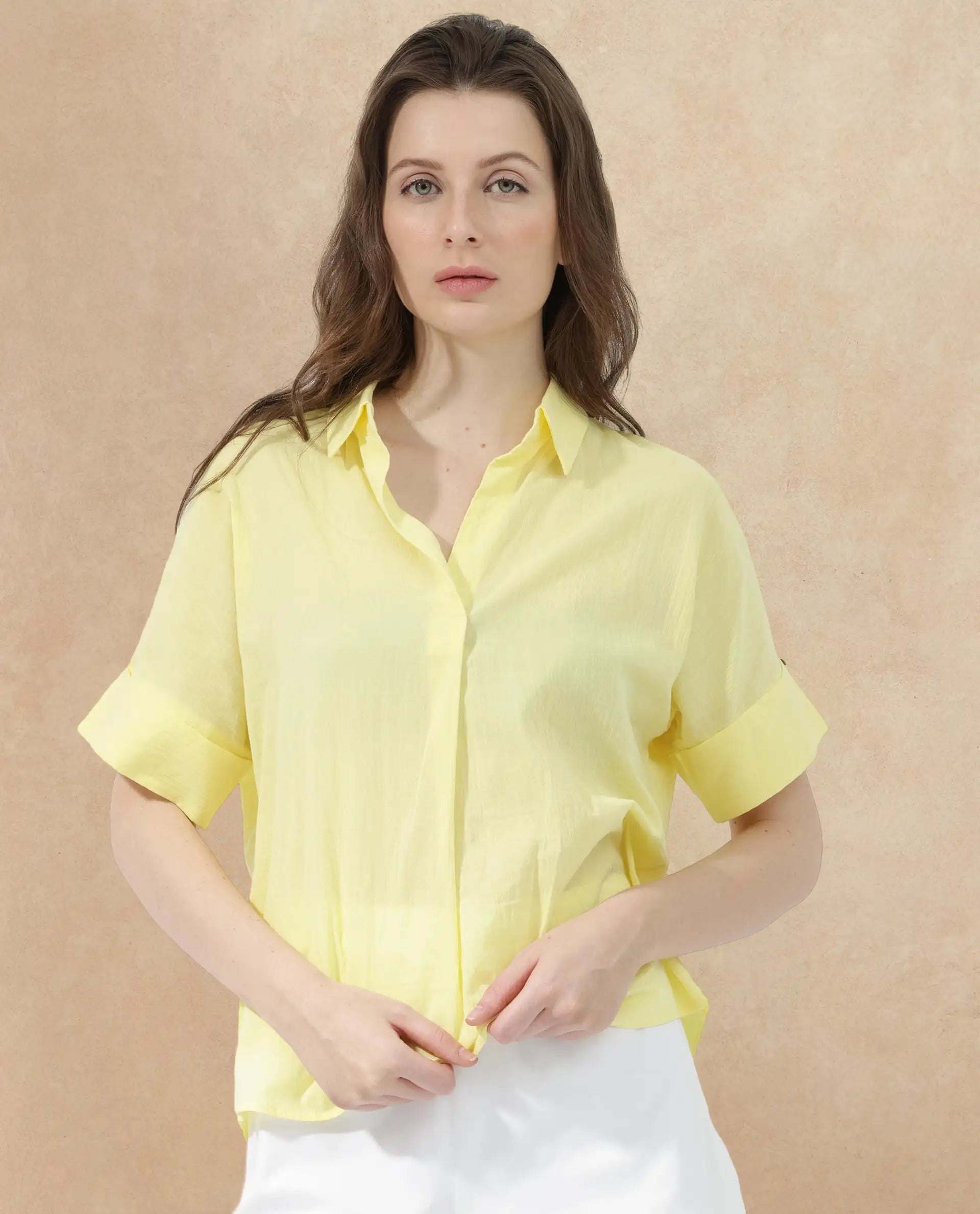 Rareism Women's Azzure Yellow Cotton Drop Collar Plain Extended Sleeves Boxy Fit Top