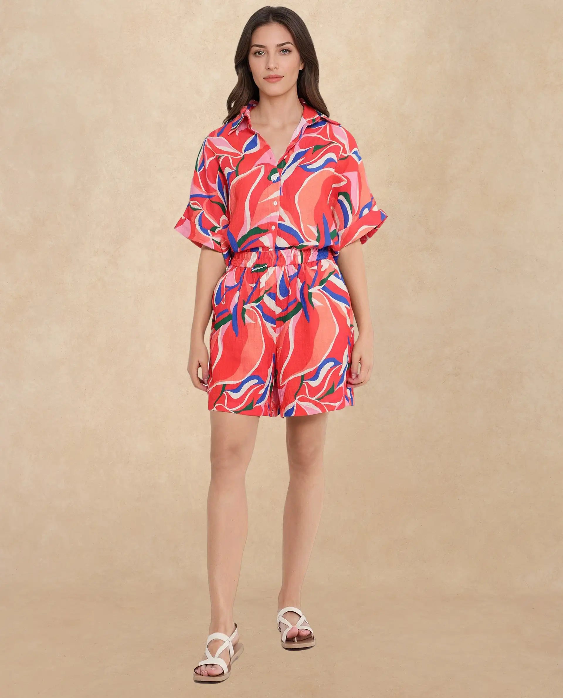 Rareism Women Babuto-T-SC Multi Short Sleeve Tie-Up Neck Button Closure Abstract Print Shirt