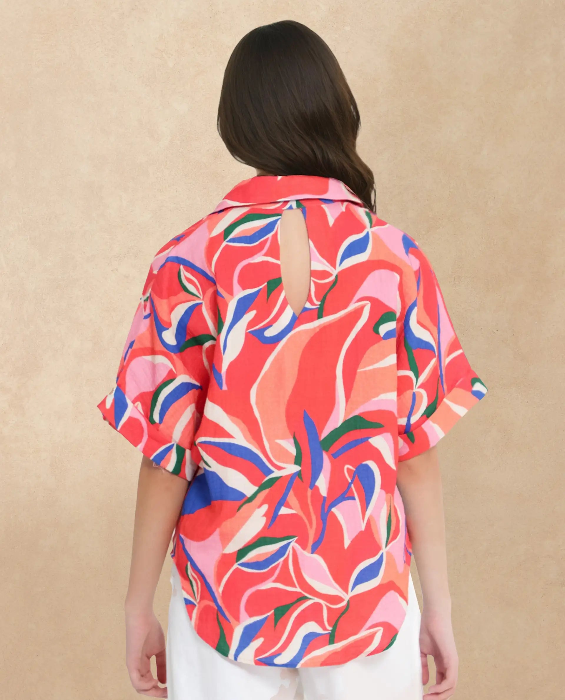 Rareism Women Babuto-T-SC Multi Short Sleeve Tie-Up Neck Button Closure Abstract Print Shirt