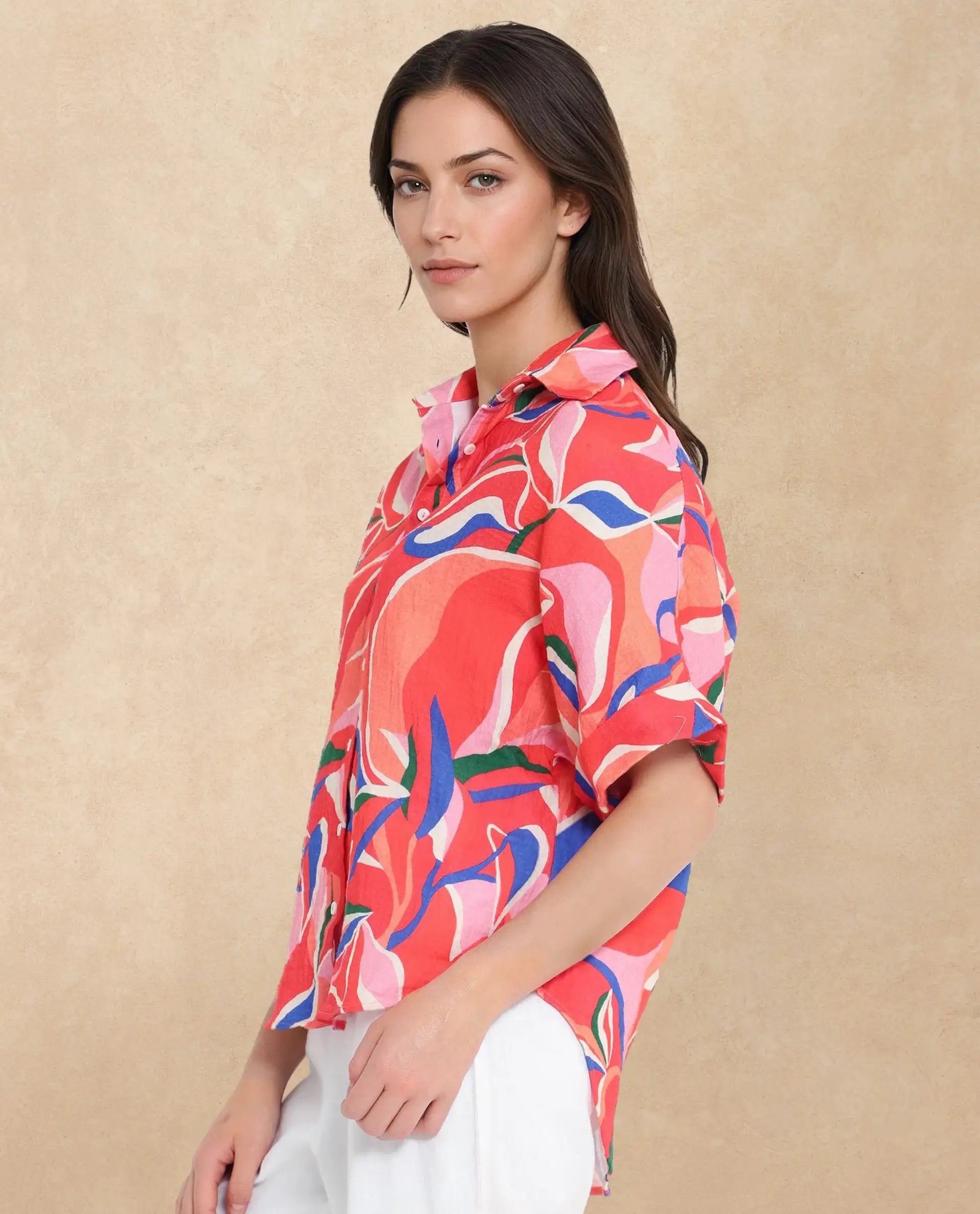 Rareism Women Babuto-T-SC Multi Short Sleeve Tie-Up Neck Button Closure Abstract Print Shirt