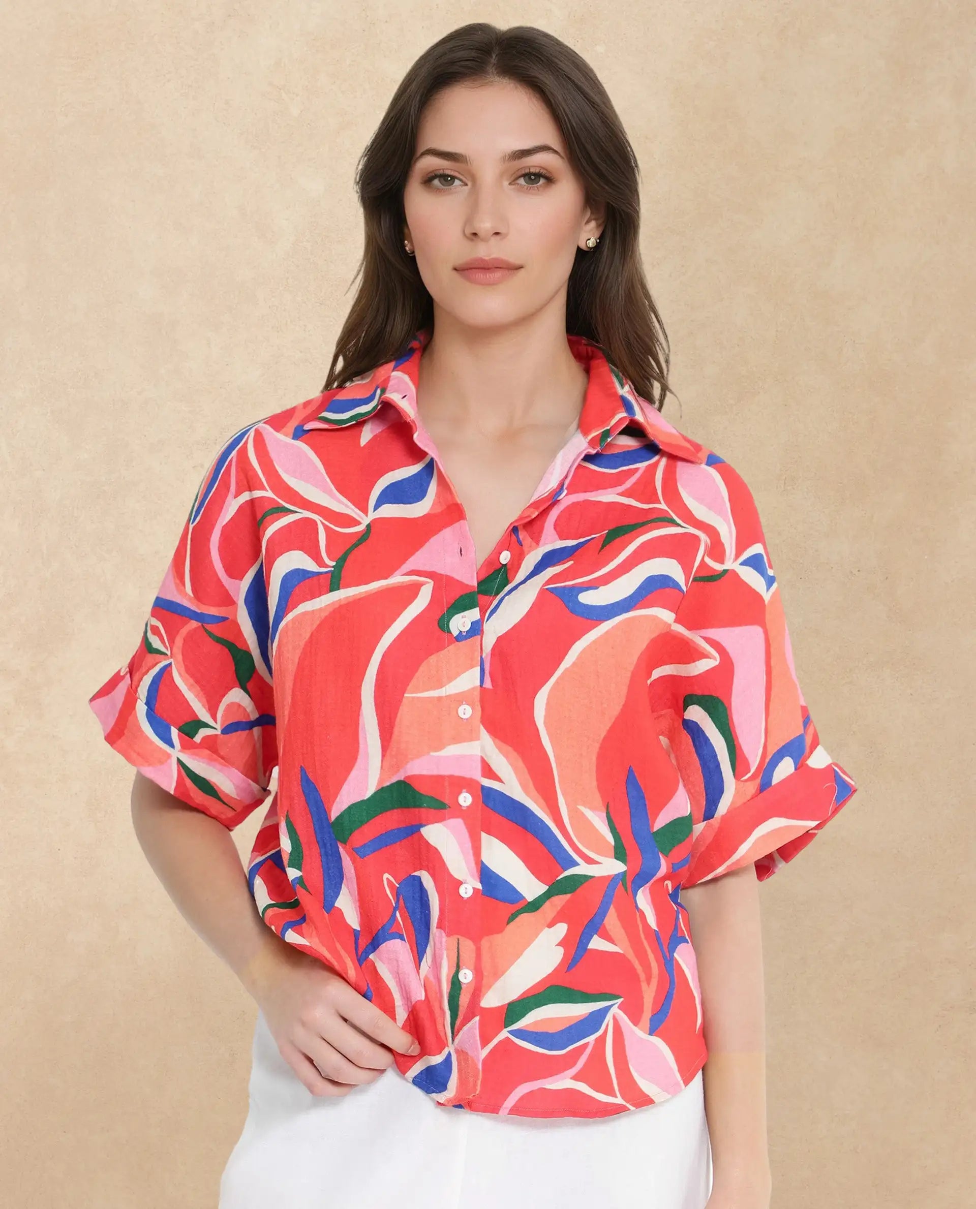 Rareism Women Babuto-T-SC Multi Short Sleeve Tie-Up Neck Button Closure Abstract Print Shirt