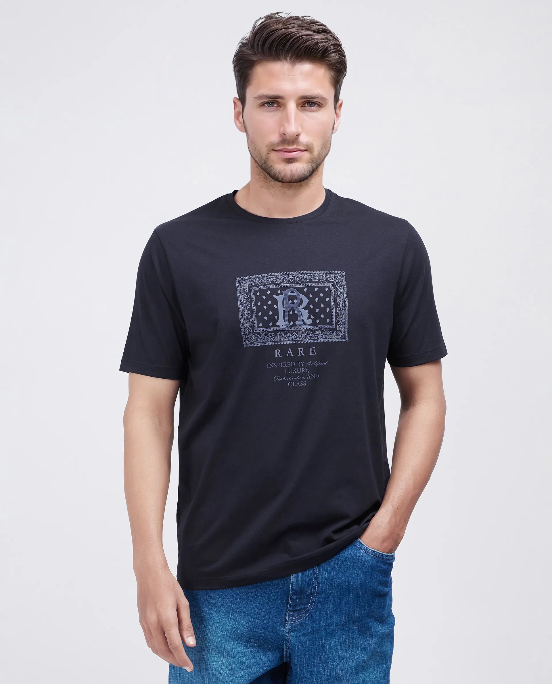 Rare Rabbit Men Bac Dark Dark Navy Cotton Lycra Fabric Short Sleeve Crew Neck Graphic Paisley Print T-Shirt