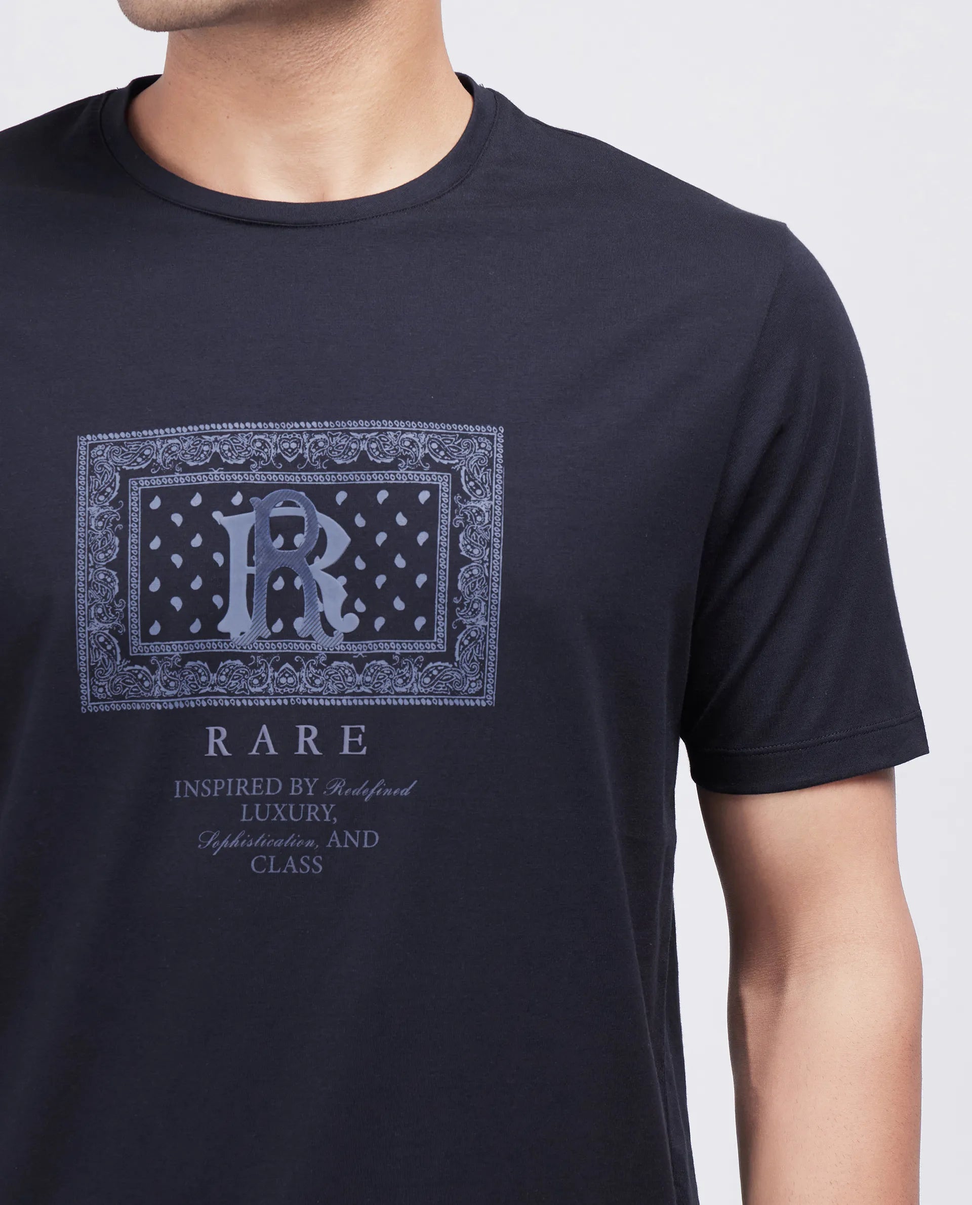 Rare Rabbit Men Bac Dark Dark Navy Cotton Lycra Fabric Short Sleeve Crew Neck Graphic Paisley Print T-Shirt
