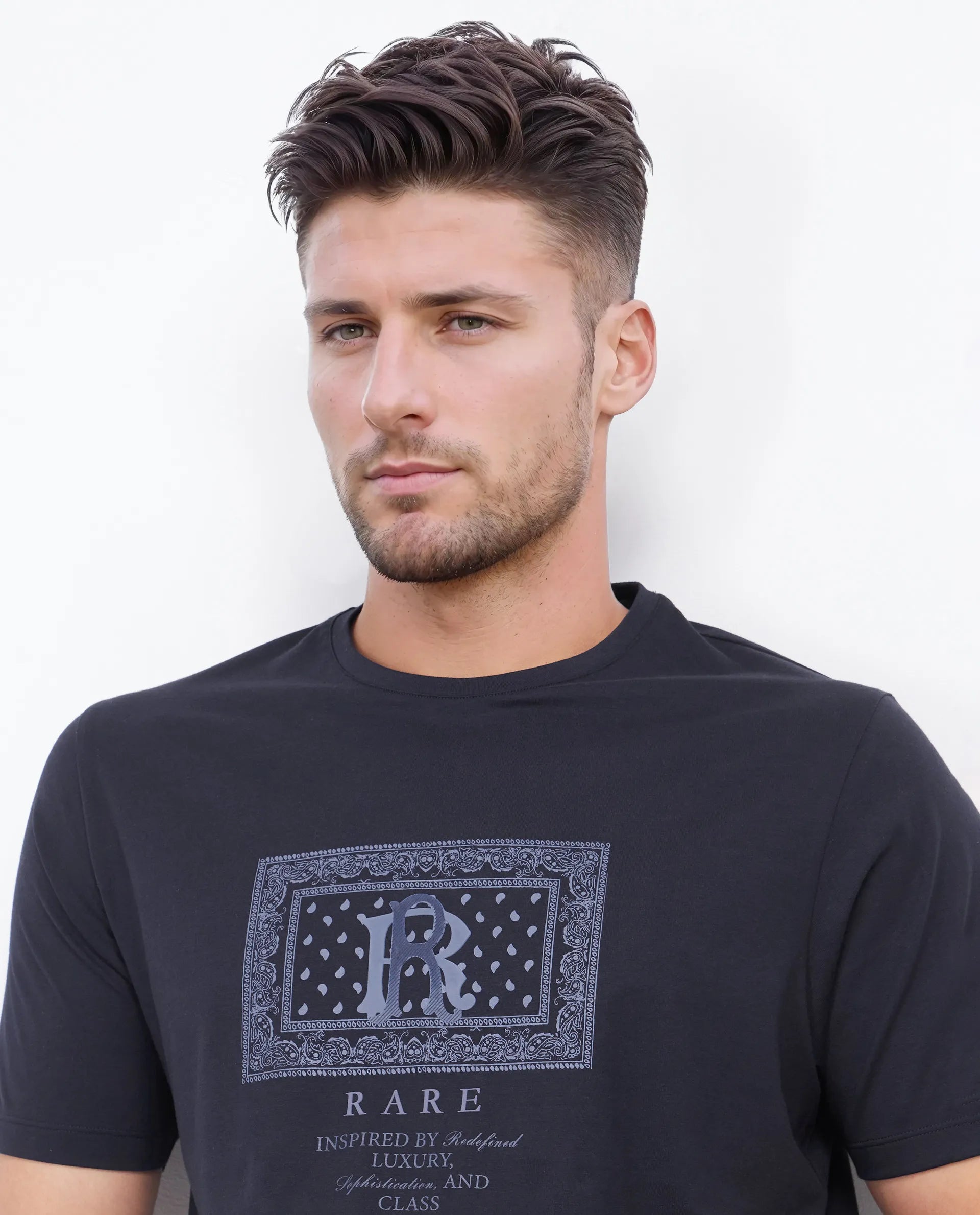 Rare Rabbit Men Bac Dark Dark Navy Cotton Lycra Fabric Short Sleeve Crew Neck Graphic Paisley Print T-Shirt