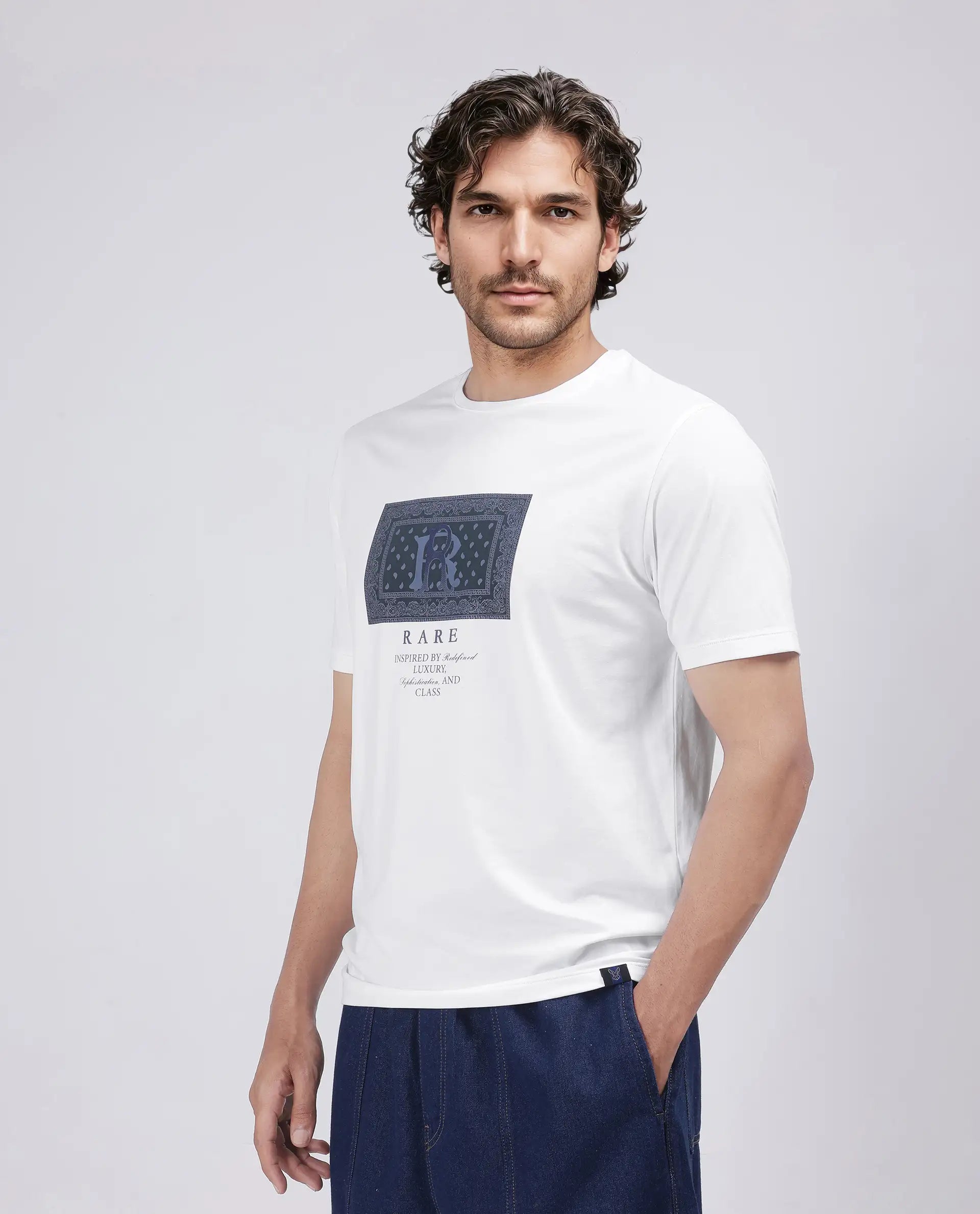 Rare Rabbit Men Bac White Cotton Lycra Fabric Short Sleeve Crew Neck Graphic Print T-Shirt