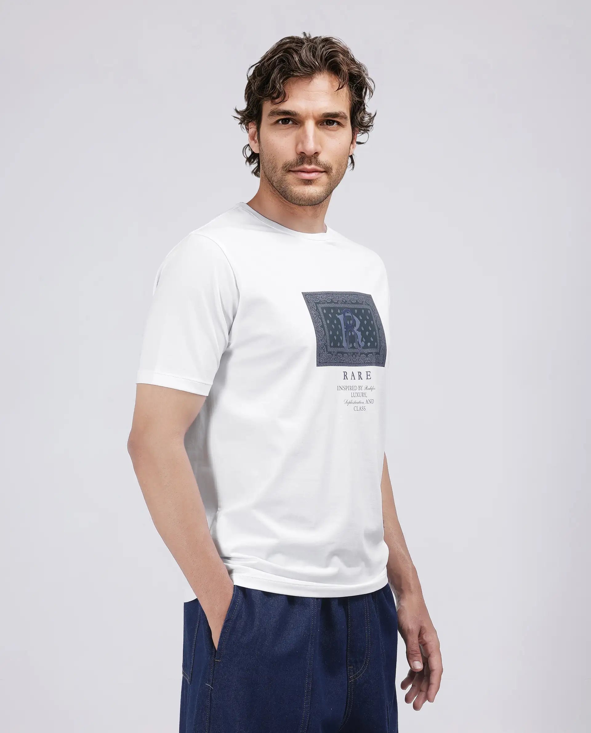 Rare Rabbit Men Bac White Cotton Lycra Fabric Short Sleeve Crew Neck Graphic Print T-Shirt