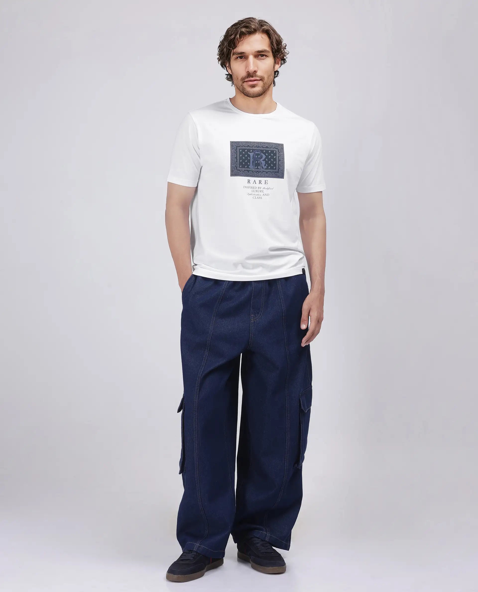 Rare Rabbit Men Bac White Cotton Lycra Fabric Short Sleeve Crew Neck Graphic Print T-Shirt