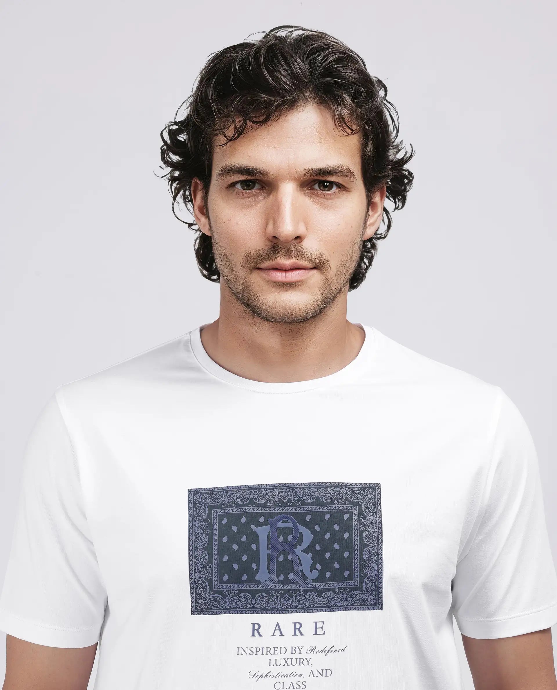 Rare Rabbit Men Bac White Cotton Lycra Fabric Short Sleeve Crew Neck Graphic Print T-Shirt