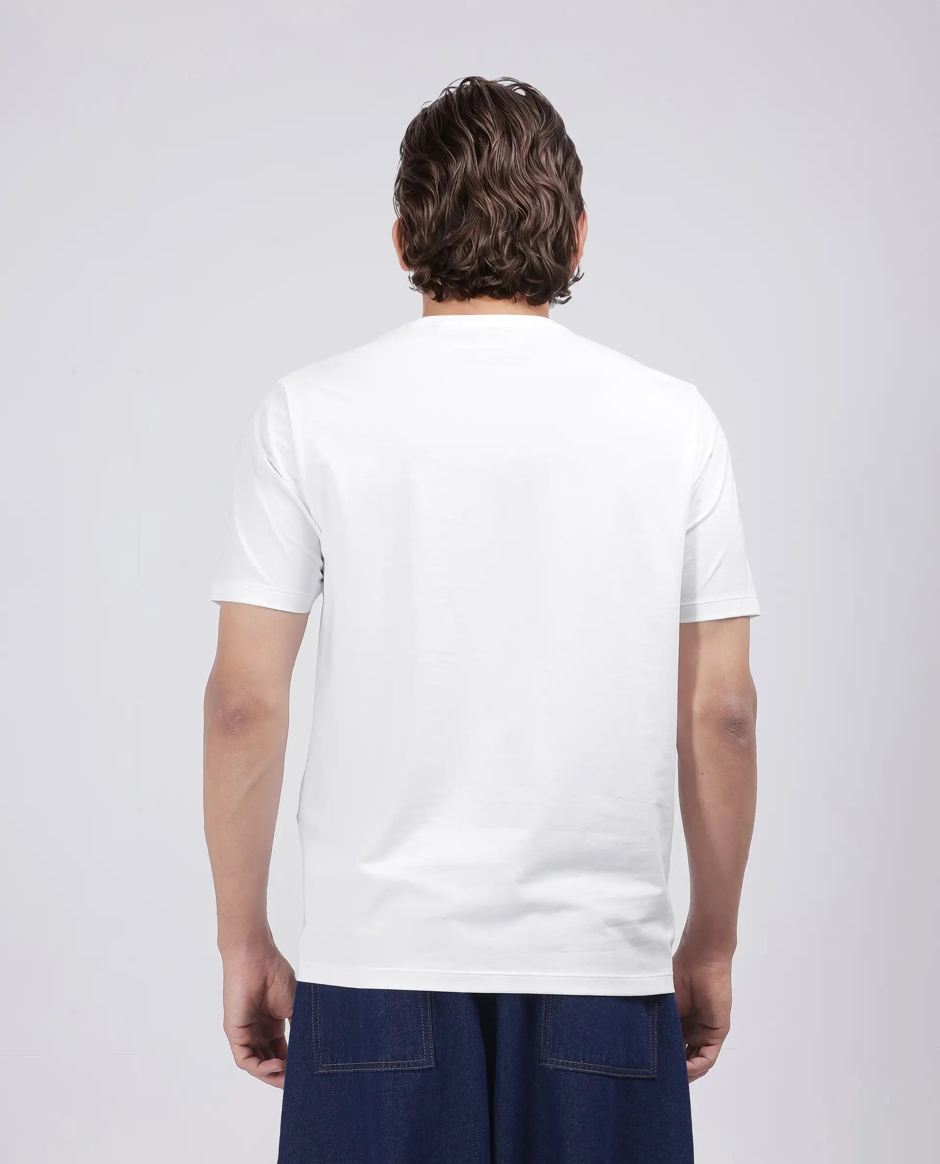 Rare Rabbit Men Bac White Cotton Lycra Fabric Short Sleeve Crew Neck Graphic Print T-Shirt