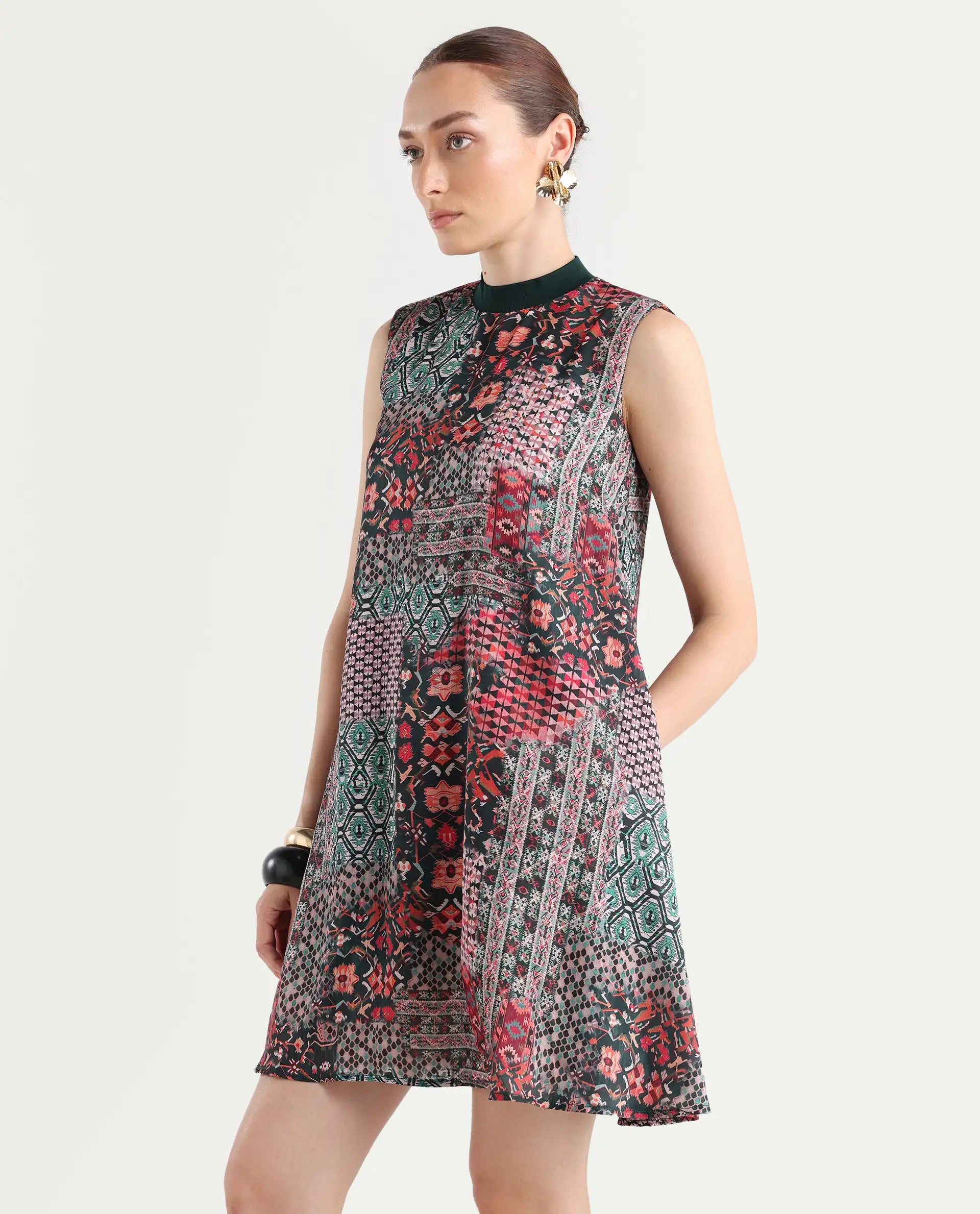 Rareism Women's Baden Dark Multi Satin Turtle Neck Abstract Print Sleeveless Knee Length Flared Dress