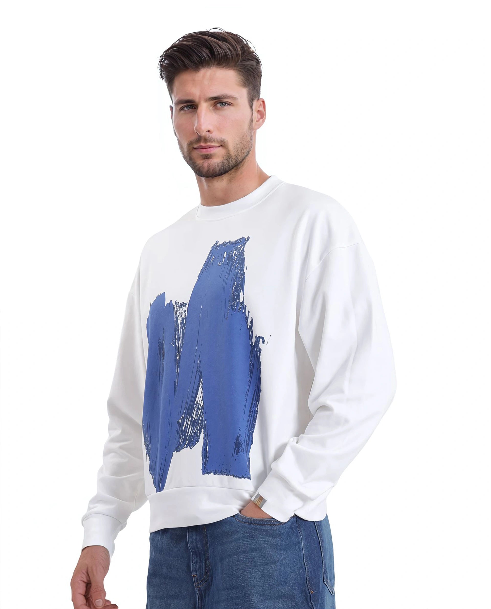 Rare Rabbit Men Bade Off White Cotton Polyester Fabric Full Sleeve Crew Neck Boxy Fit Printed Sweatshirt