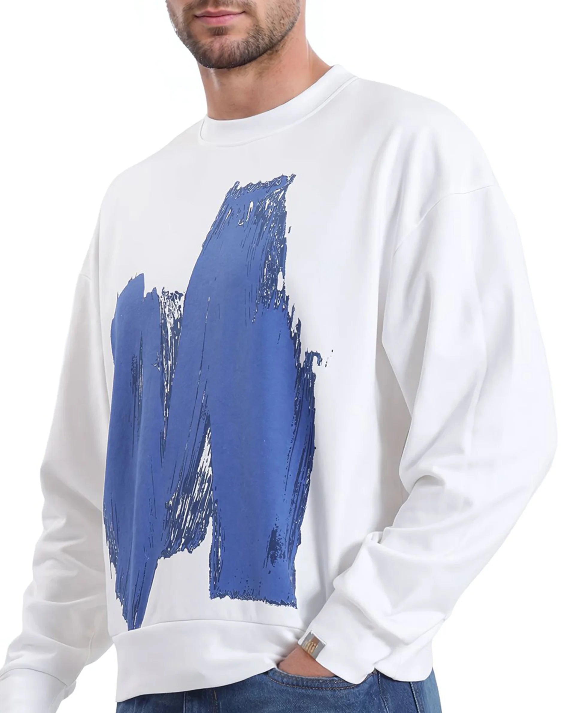 Rare Rabbit Men Bade Off White Cotton Polyester Fabric Full Sleeve Crew Neck Boxy Fit Printed Sweatshirt