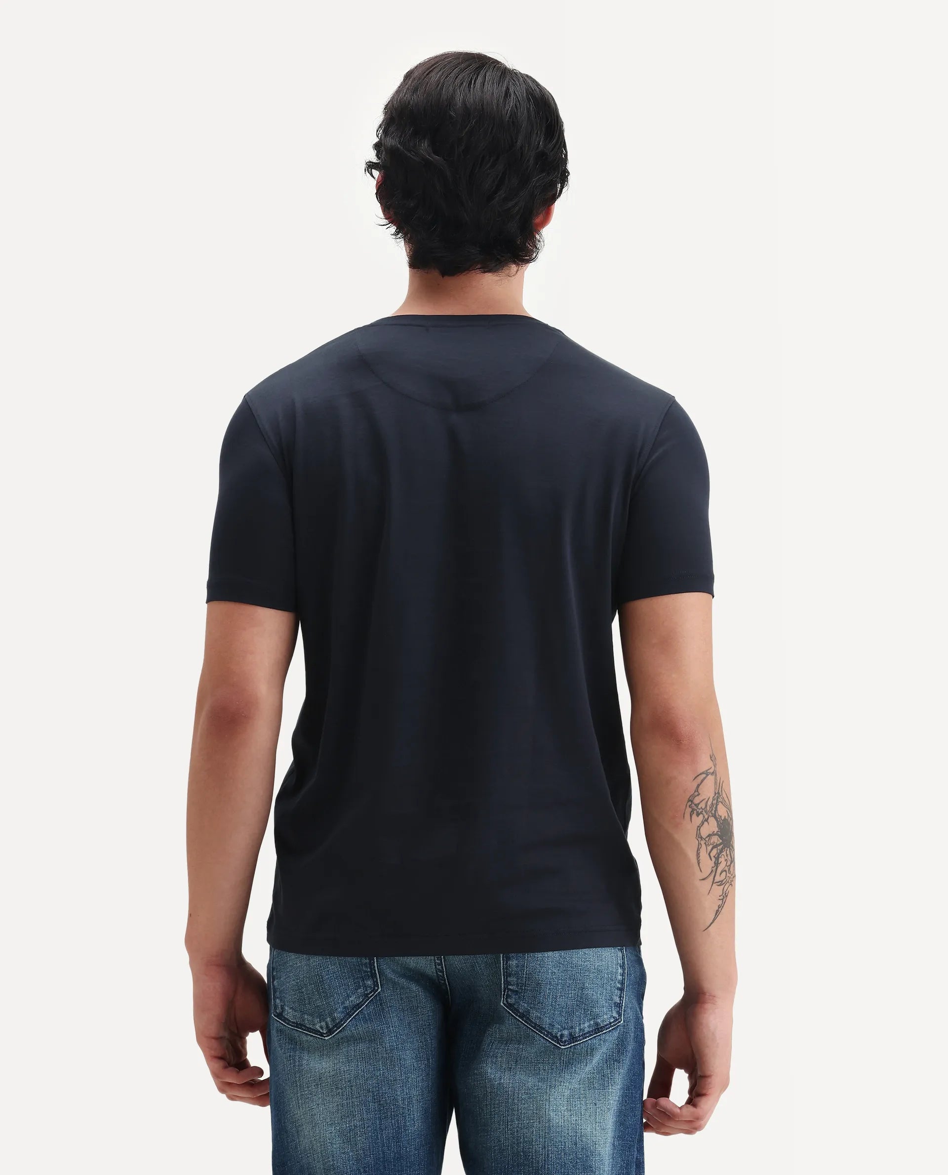 Rare Rabbit Men's Badgen Navy Cotton Plain Regular Fit Half Sleeve Crew Neck T-Shirt