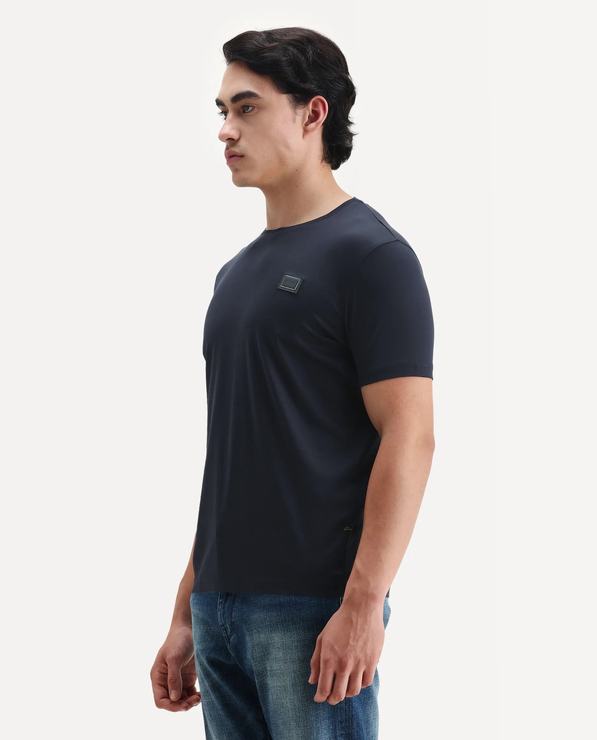 Rare Rabbit Men's Badgen Navy Cotton Plain Regular Fit Half Sleeve Crew Neck T-Shirt