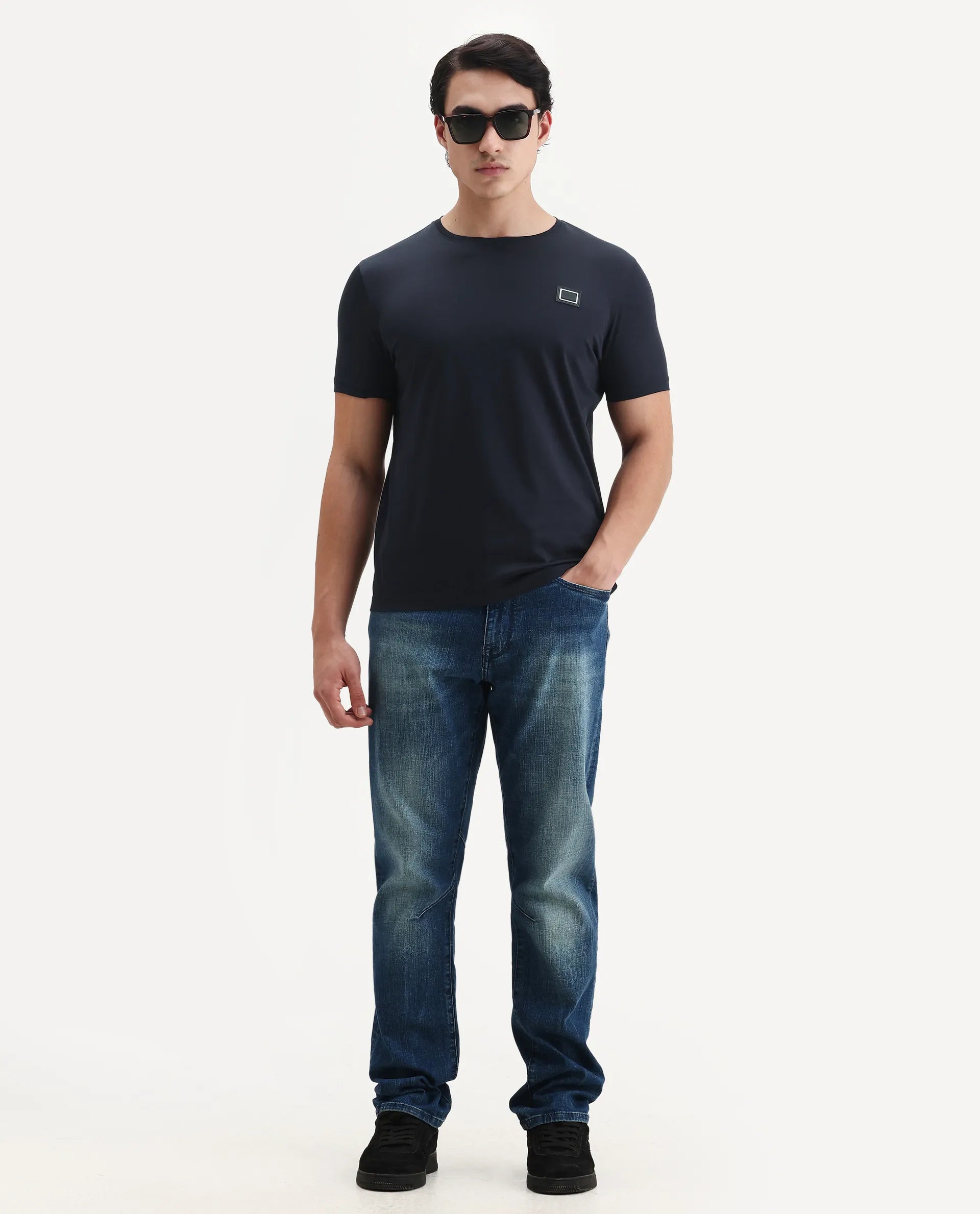 Rare Rabbit Men's Badgen Navy Cotton Plain Regular Fit Half Sleeve Crew Neck T-Shirt