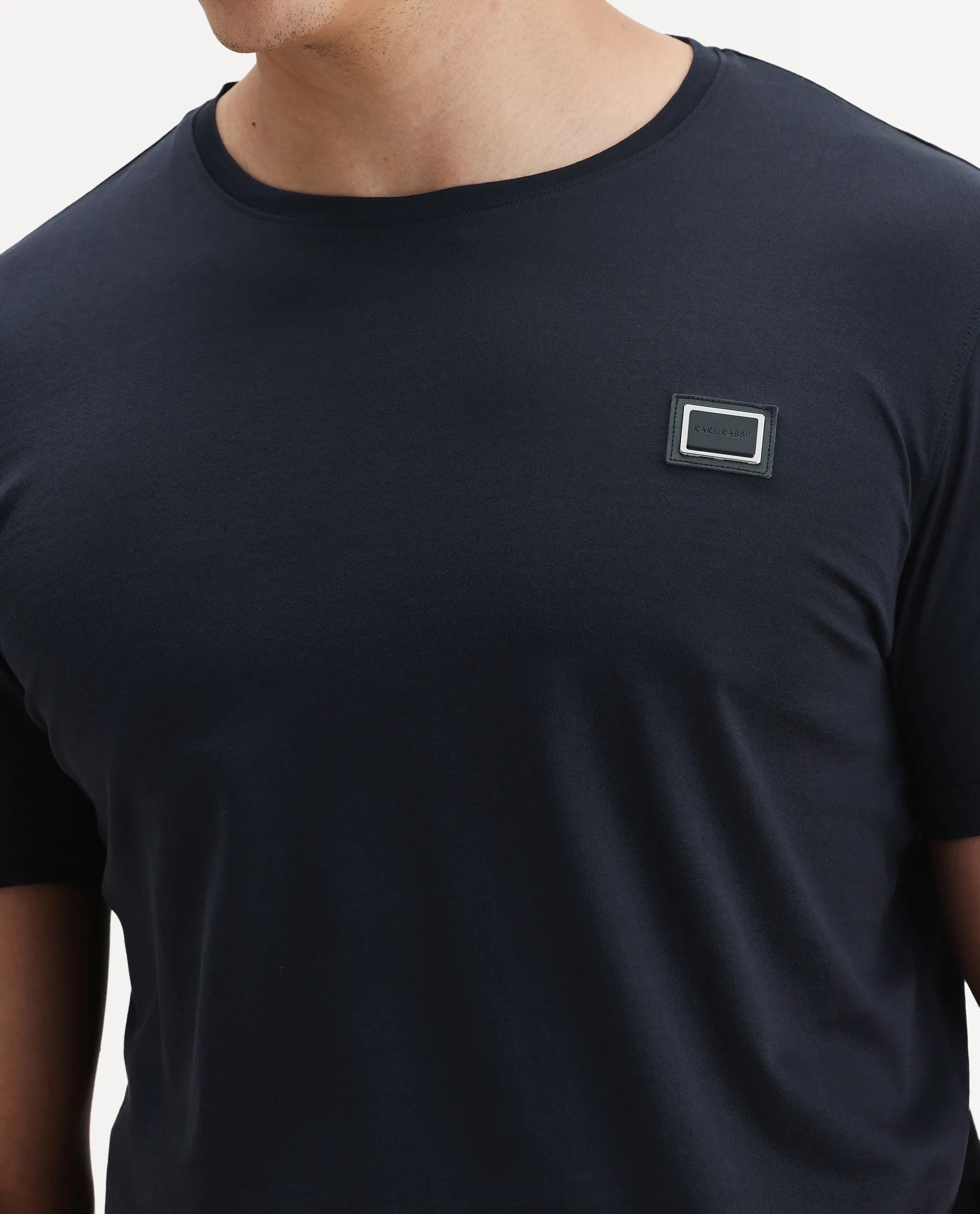 Rare Rabbit Men's Badgen Navy Cotton Plain Regular Fit Half Sleeve Crew Neck T-Shirt