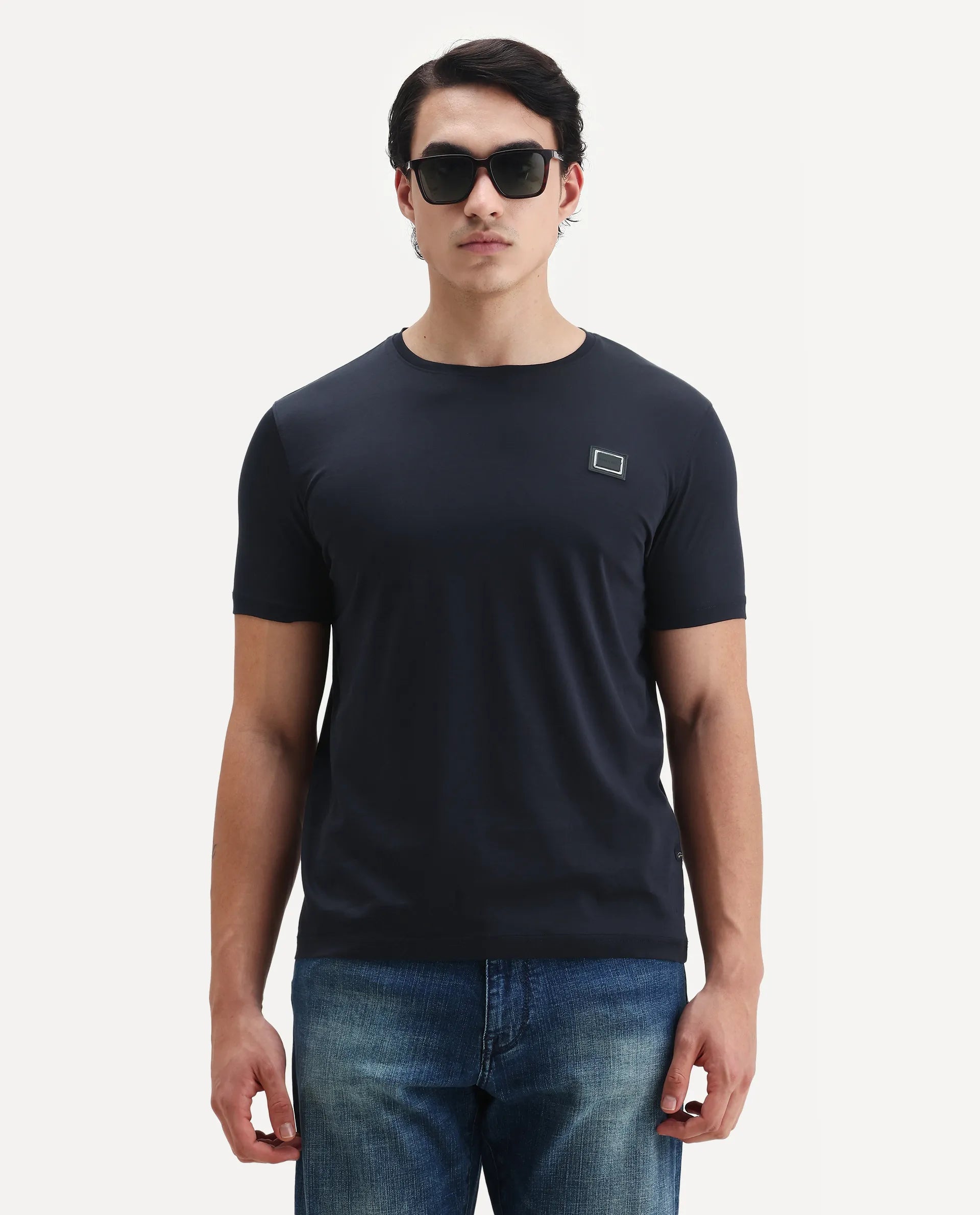 Rare Rabbit Men's Badgen Navy Cotton Plain Regular Fit Half Sleeve Crew Neck T-Shirt