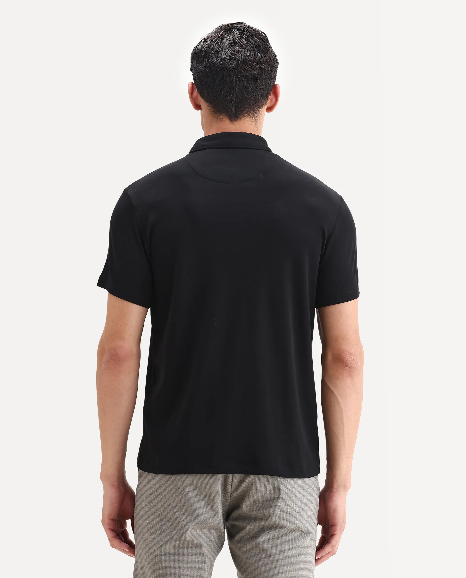 Rare Rabbit Men's Badger-1 Black Cotton Plain Regular Fit Half Sleeve Polo