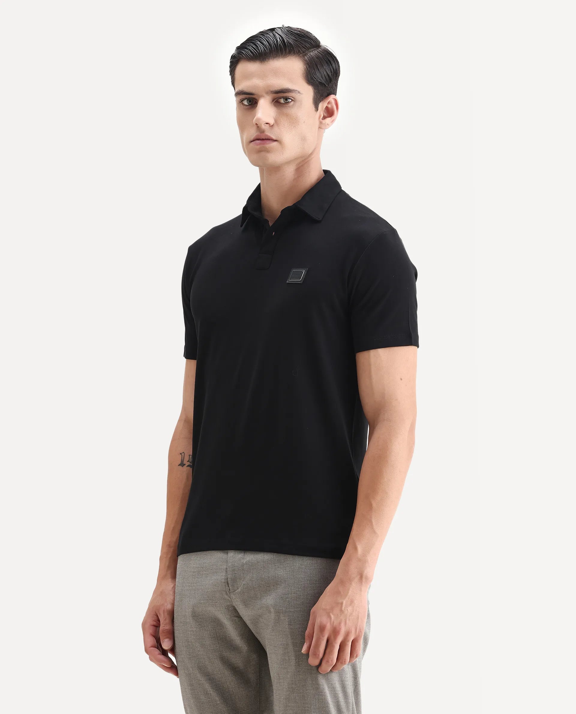 Rare Rabbit Men's Badger-1 Black Cotton Plain Regular Fit Half Sleeve Polo