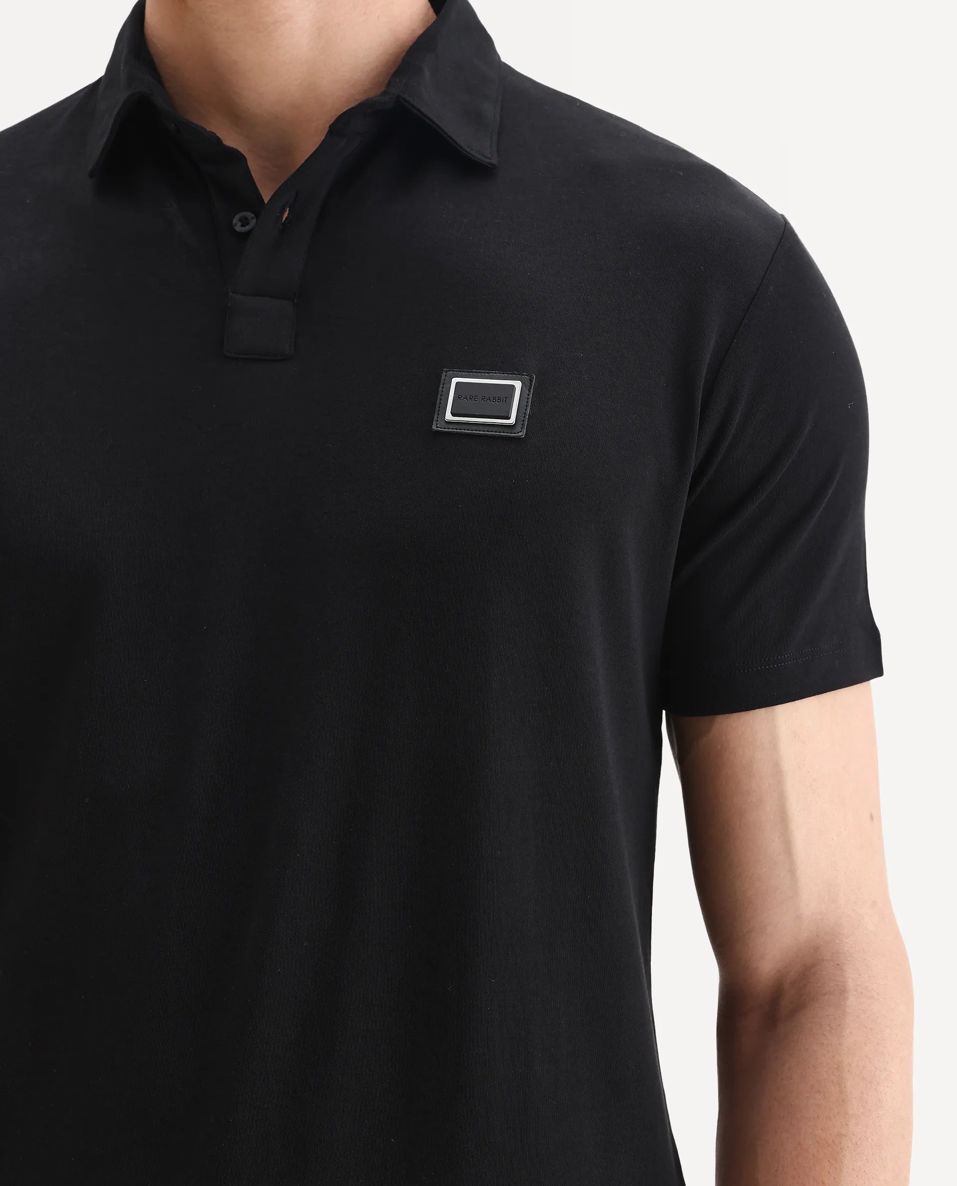 Rare Rabbit Men's Badger-1 Black Cotton Plain Regular Fit Half Sleeve Polo