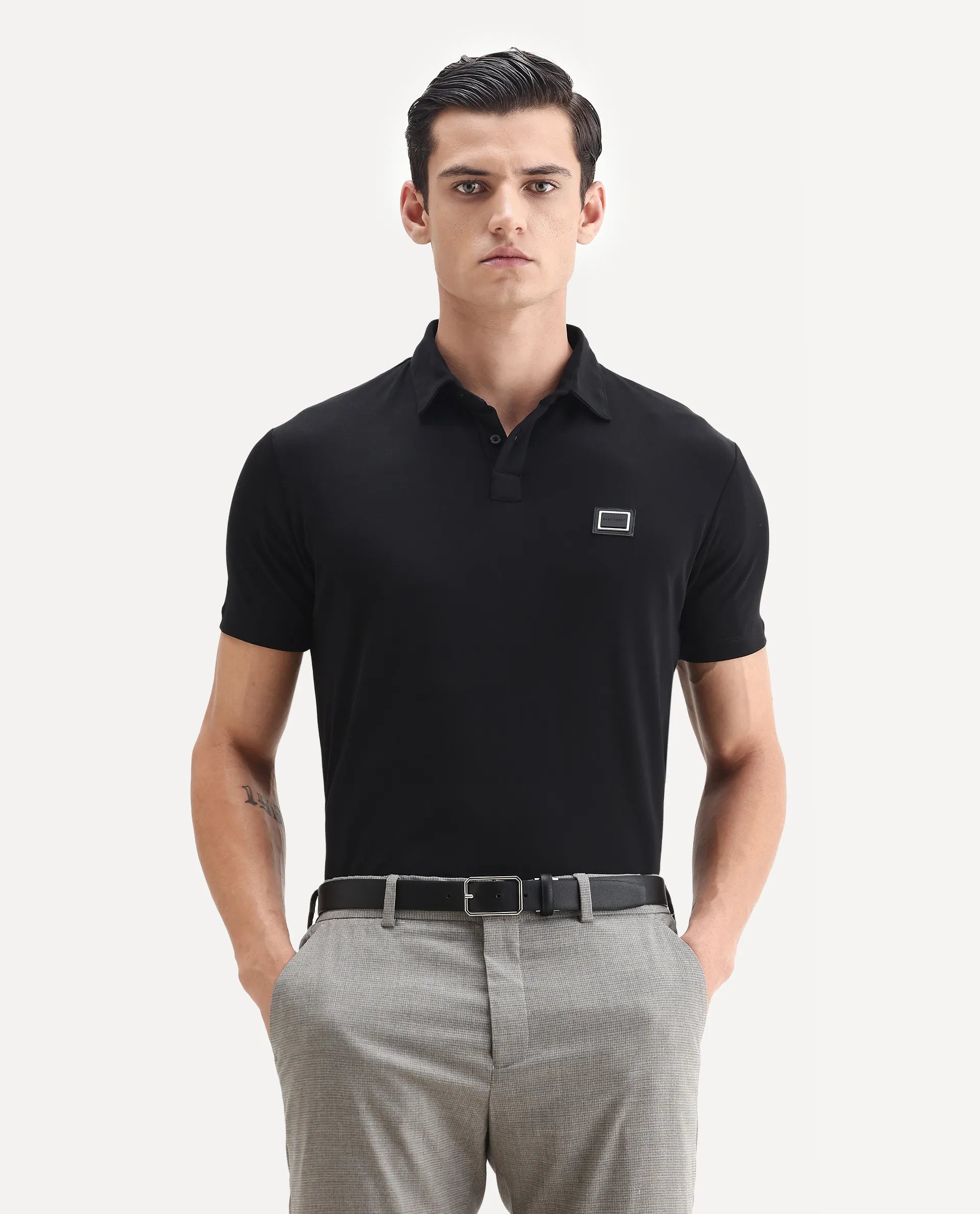 Rare Rabbit Men's Badger-1 Black Cotton Plain Regular Fit Half Sleeve Polo