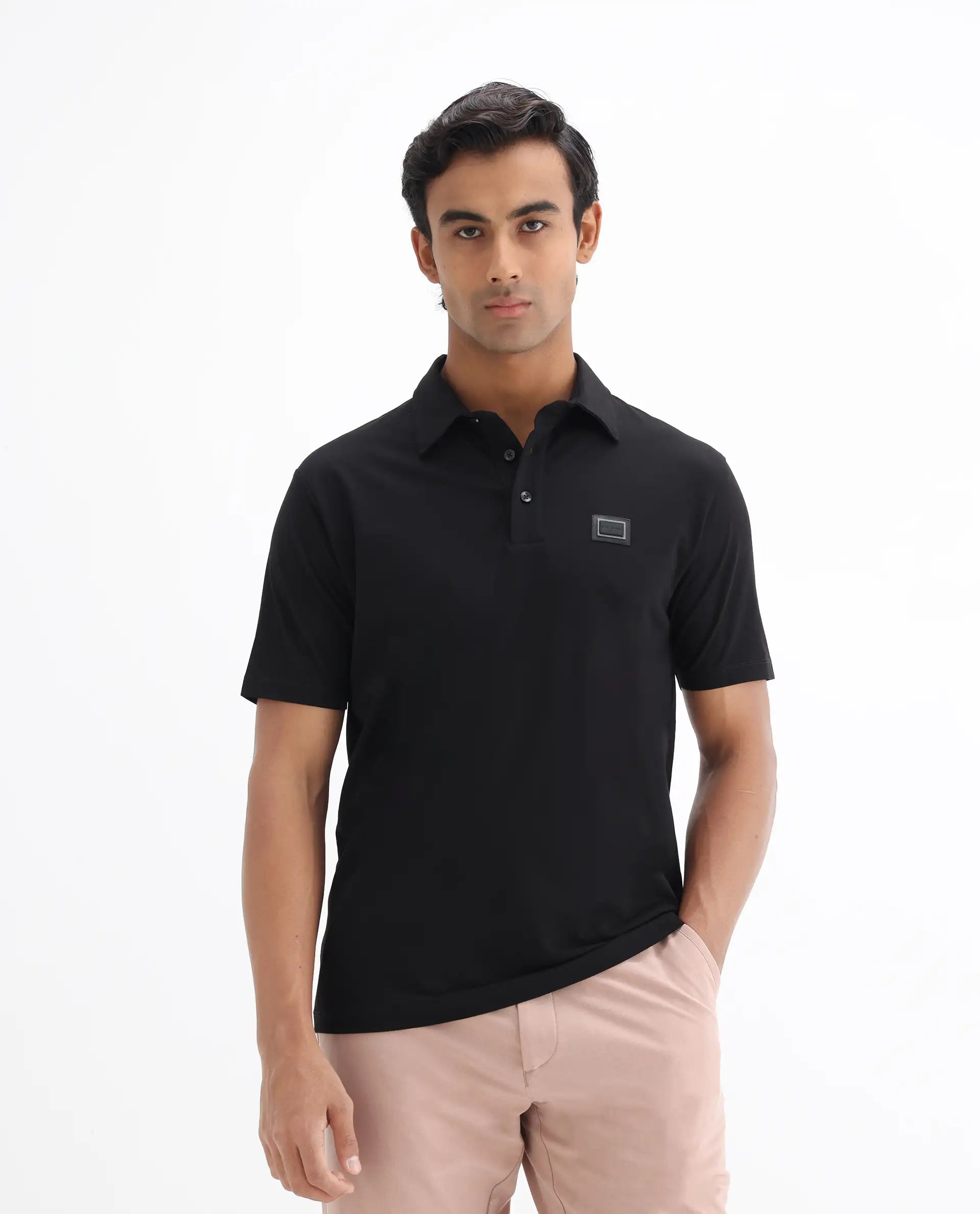 Rare Rabbit Men's Badger-25 Black Cotton Blend Plain Regular Fit Half Sleeve Polo