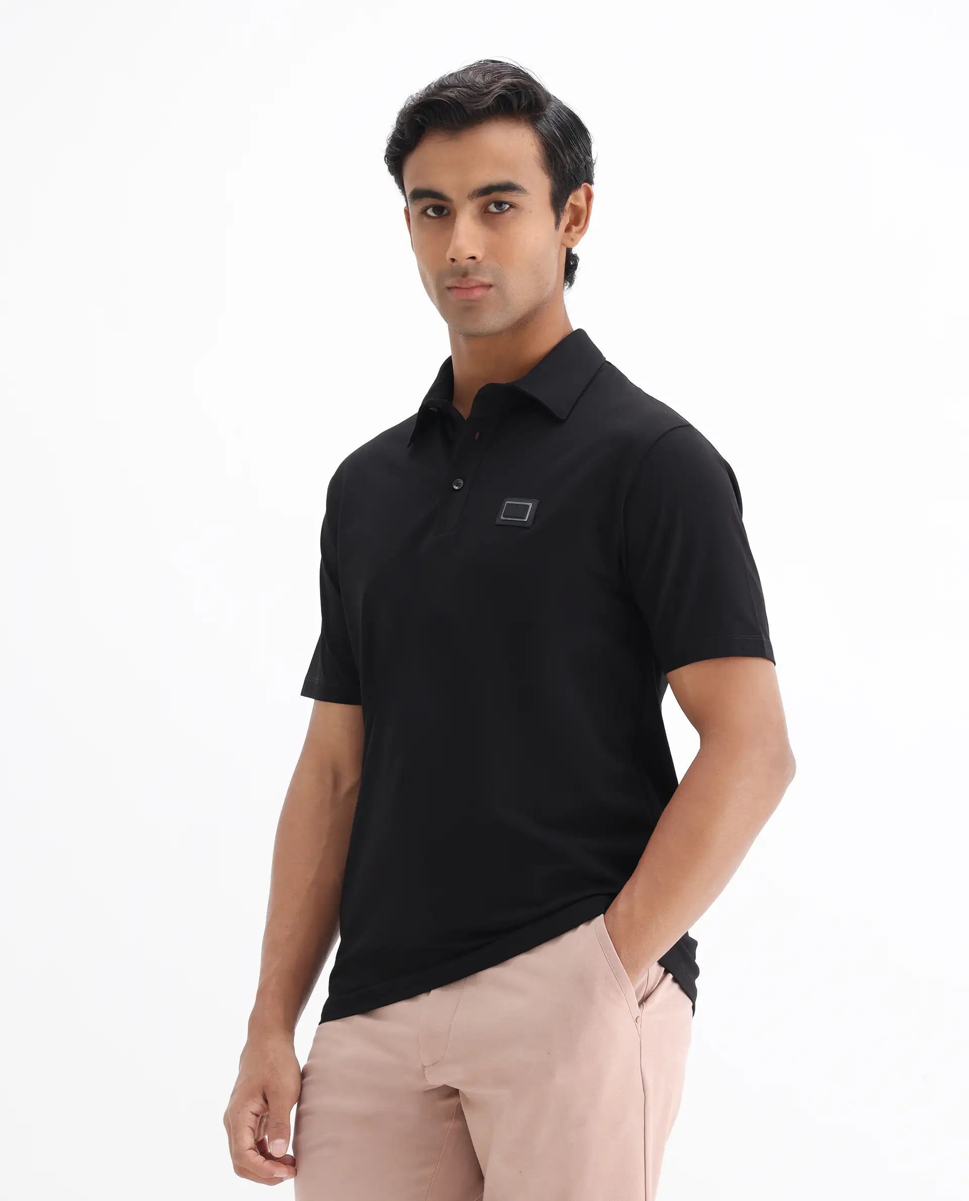 Rare Rabbit Men's Badger-25 Black Cotton Blend Plain Regular Fit Half Sleeve Polo