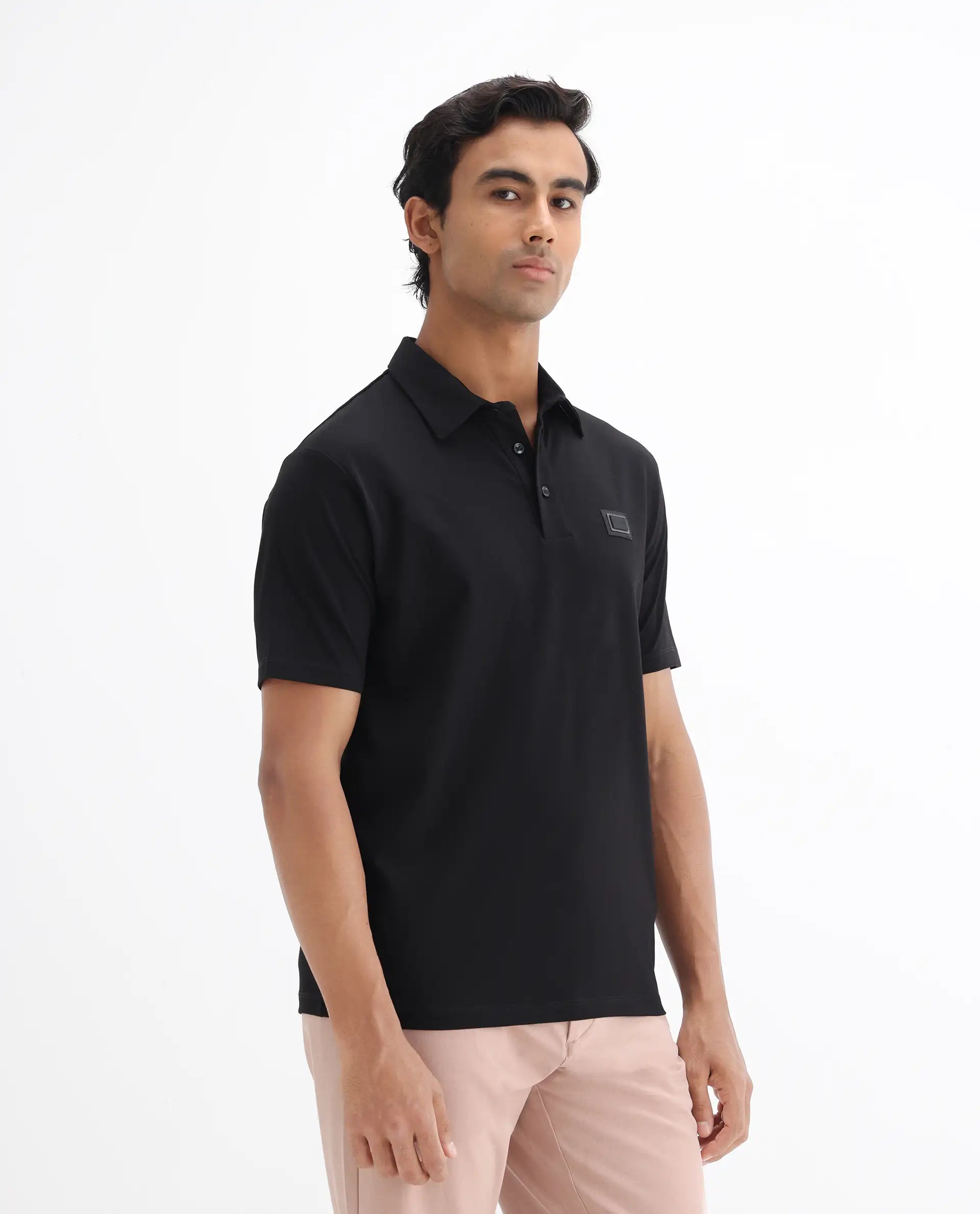 Rare Rabbit Men's Badger-25 Black Cotton Blend Plain Regular Fit Half Sleeve Polo