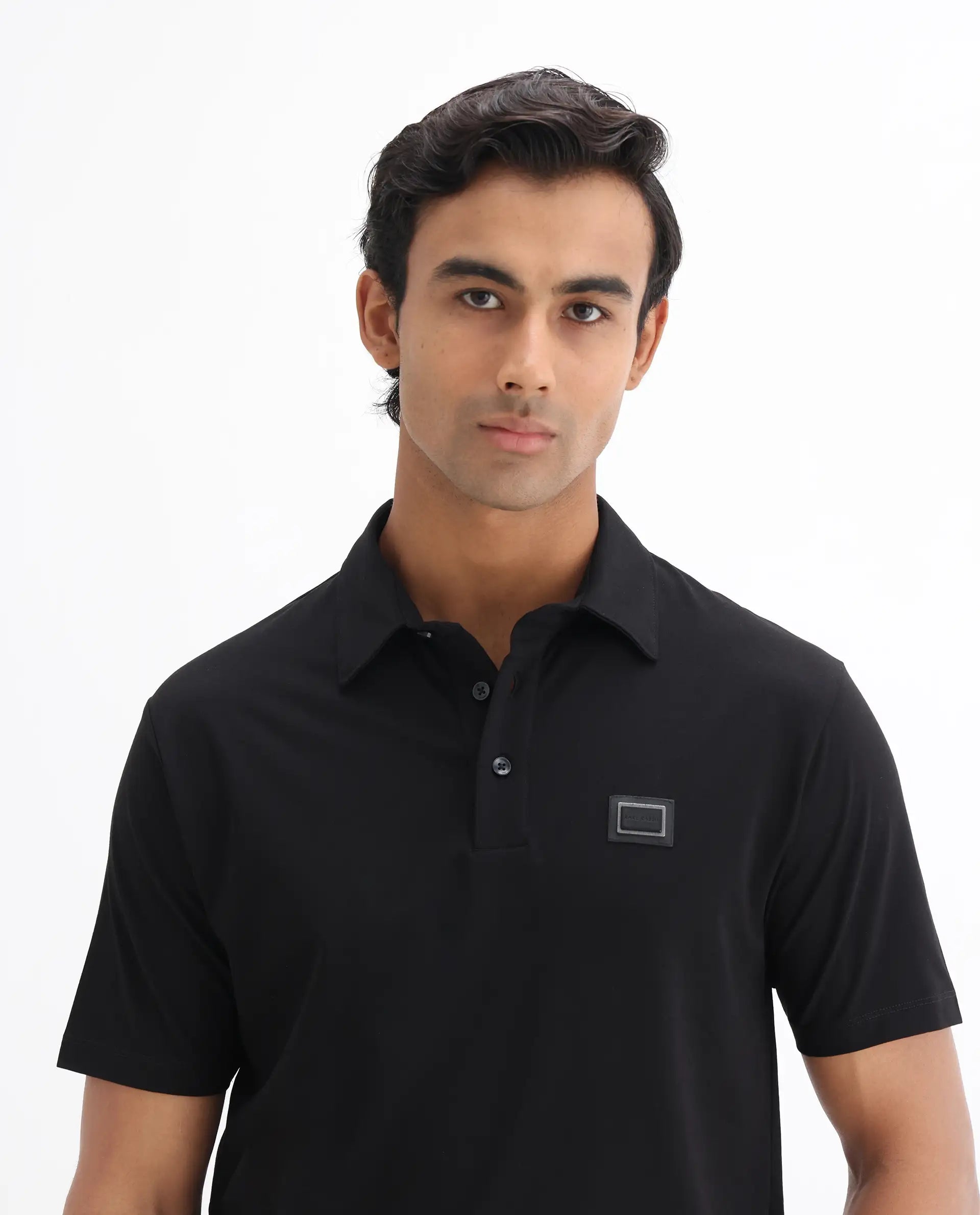Rare Rabbit Men's Badger-25 Black Cotton Blend Plain Regular Fit Half Sleeve Polo