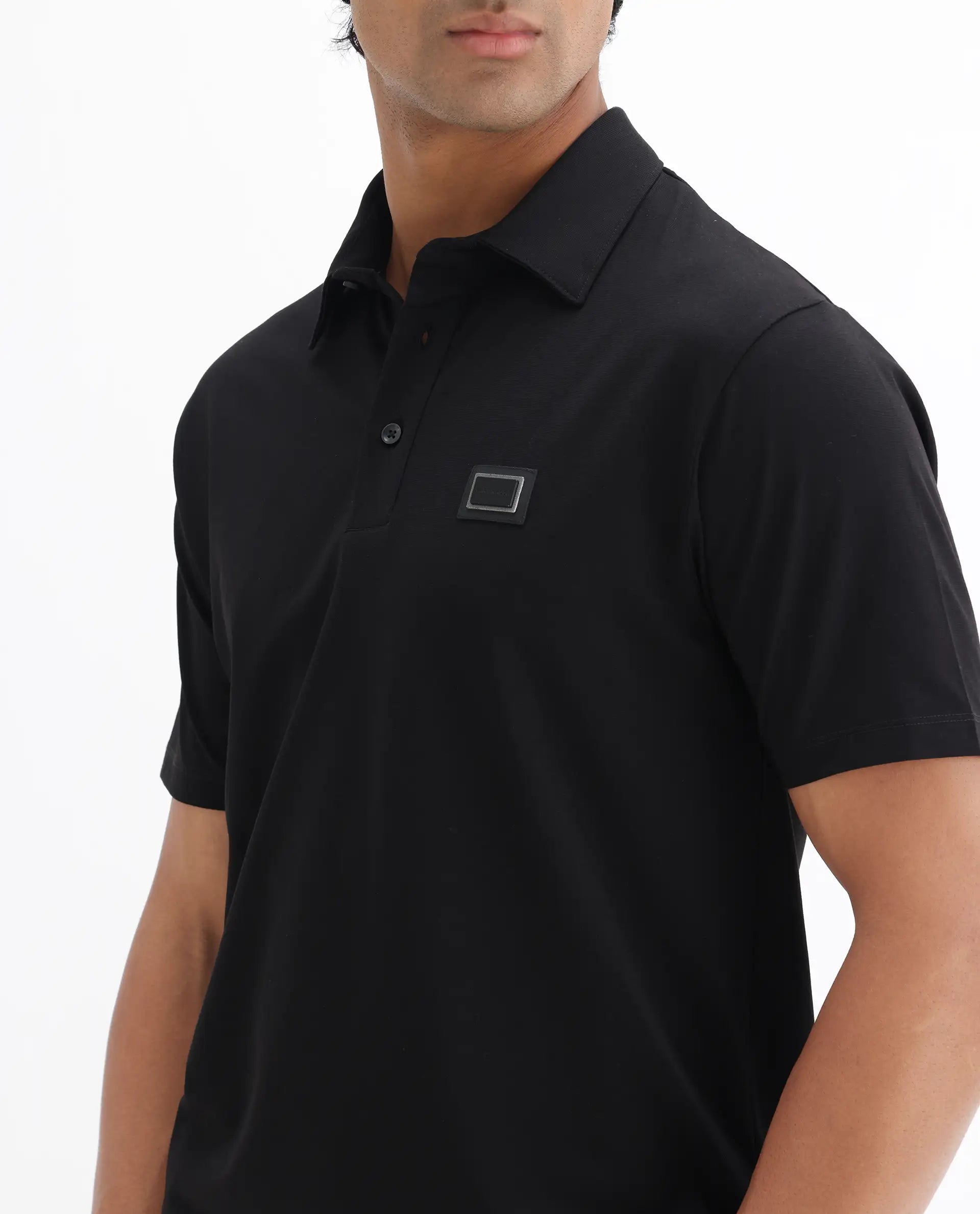 Rare Rabbit Men's Badger-25 Black Cotton Blend Plain Regular Fit Half Sleeve Polo