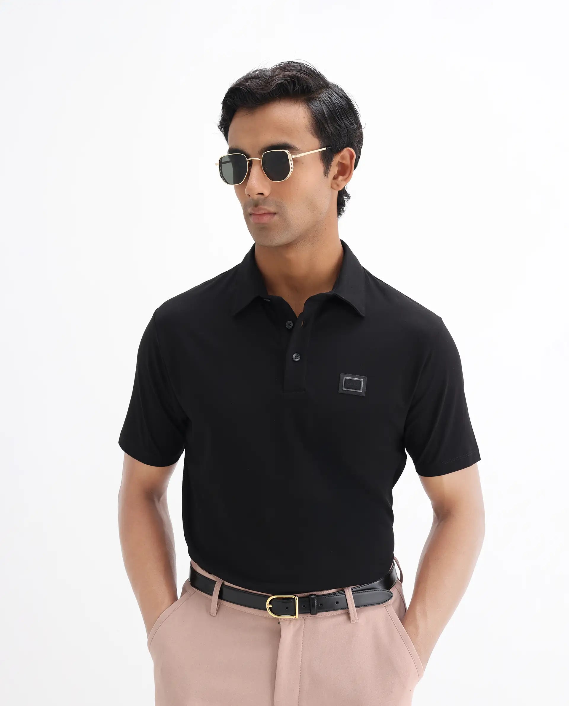 Rare Rabbit Men's Badger-25 Black Cotton Blend Plain Regular Fit Half Sleeve Polo