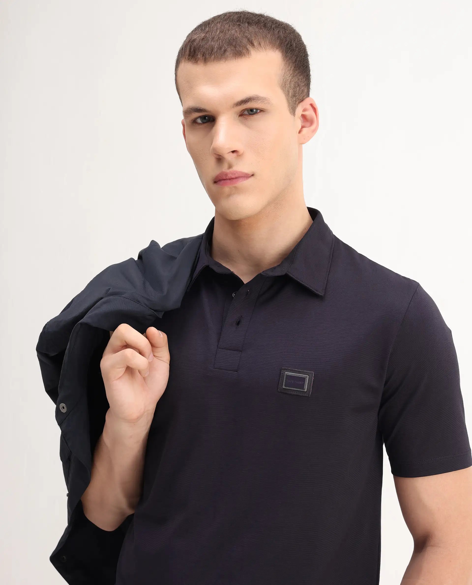 Rare Rabbit Men's Badger-2 Dark Purple Cotton Plain Regular Fit Half Sleeve Polo