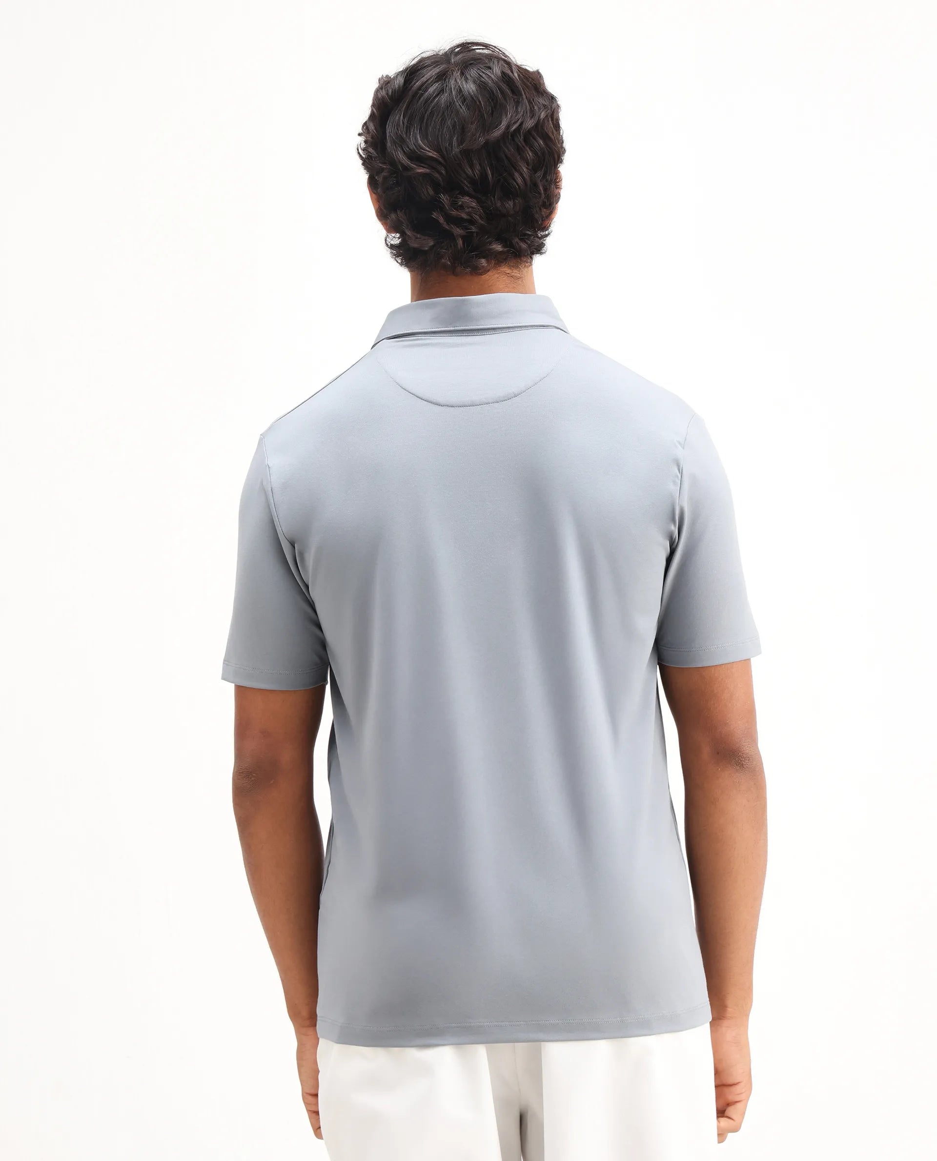 Rare Rabbit Men's Badger-25 Dusky Blue Cotton Blend Plain Regular Fit Half Sleeve Polo