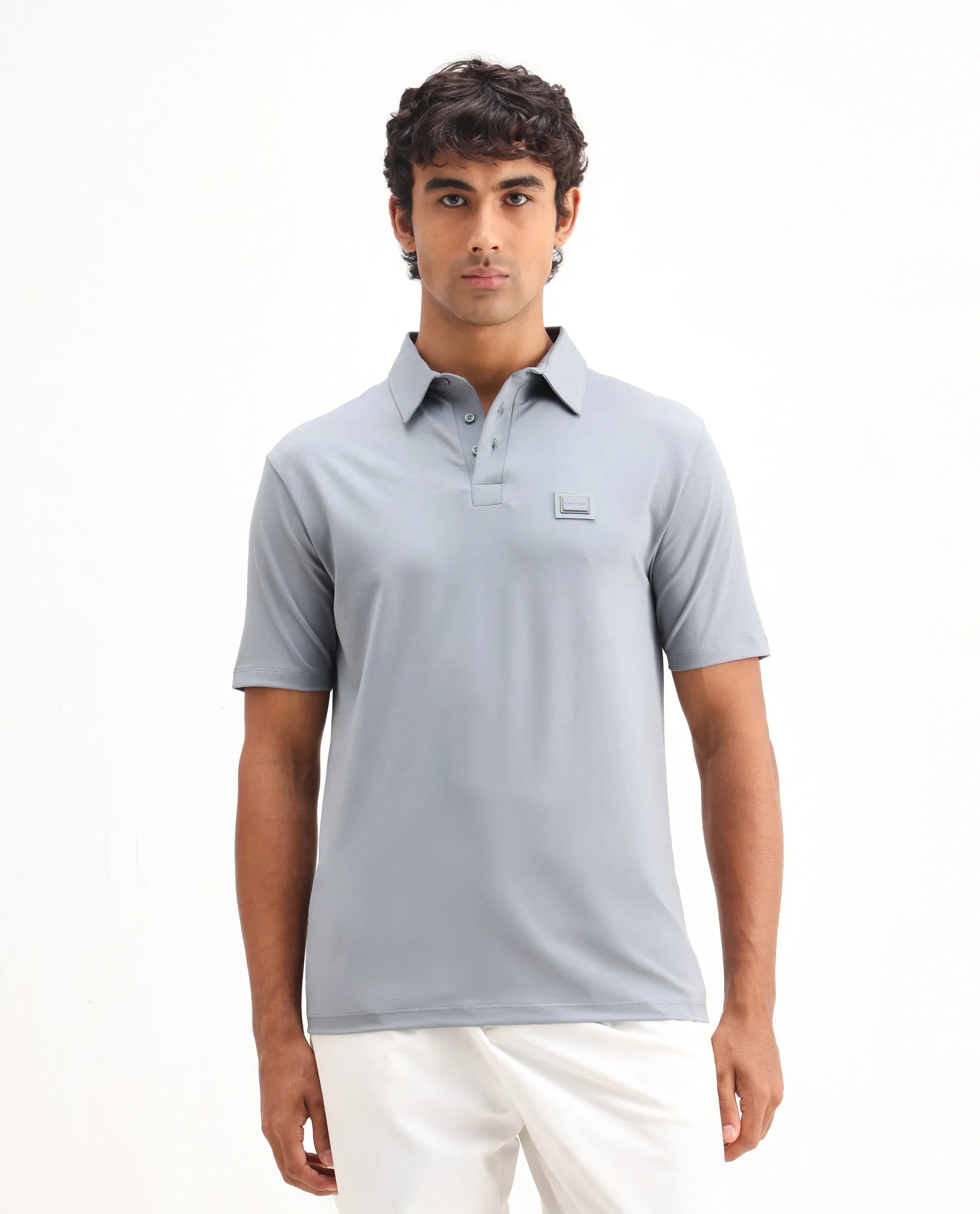 Rare Rabbit Men's Badger-25 Dusky Blue Cotton Blend Plain Regular Fit Half Sleeve Polo