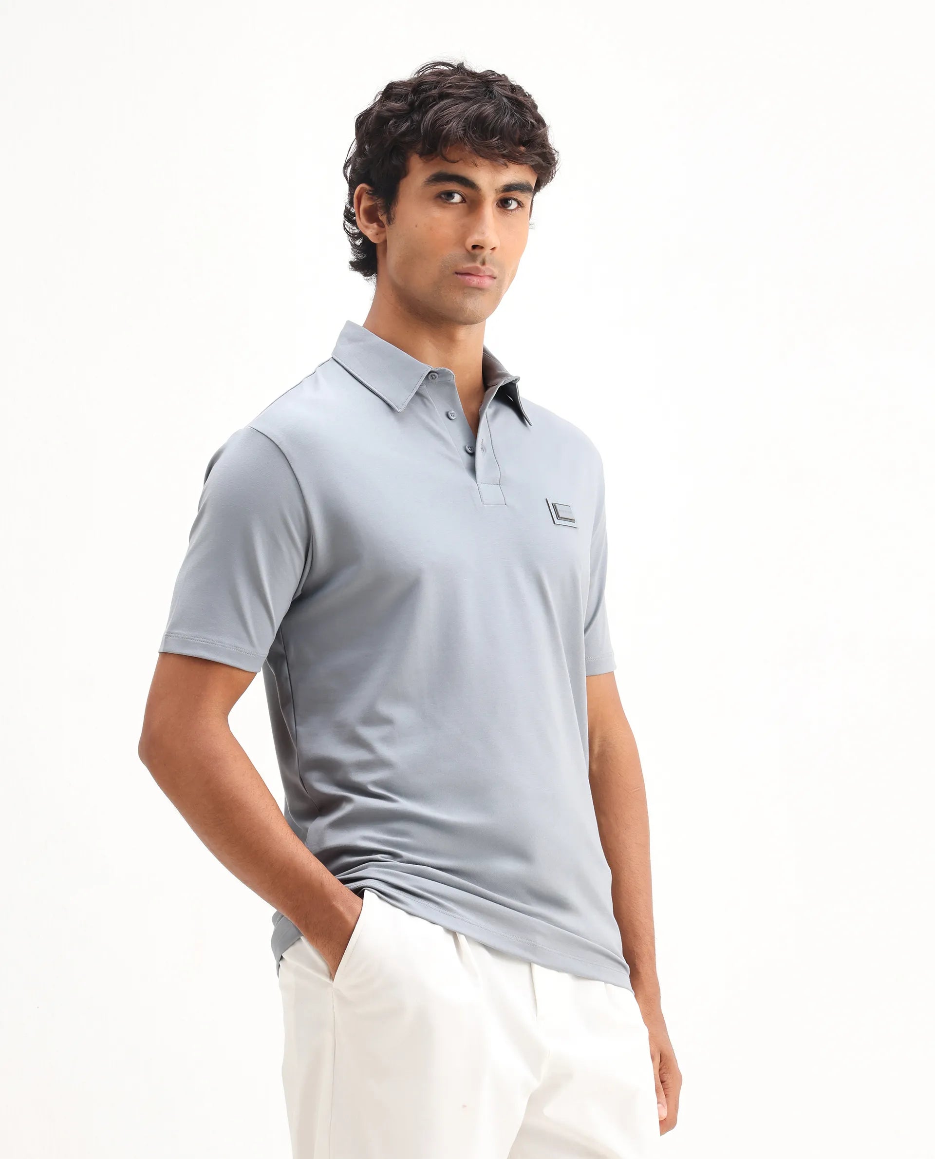 Rare Rabbit Men's Badger-25 Dusky Blue Cotton Blend Plain Regular Fit Half Sleeve Polo