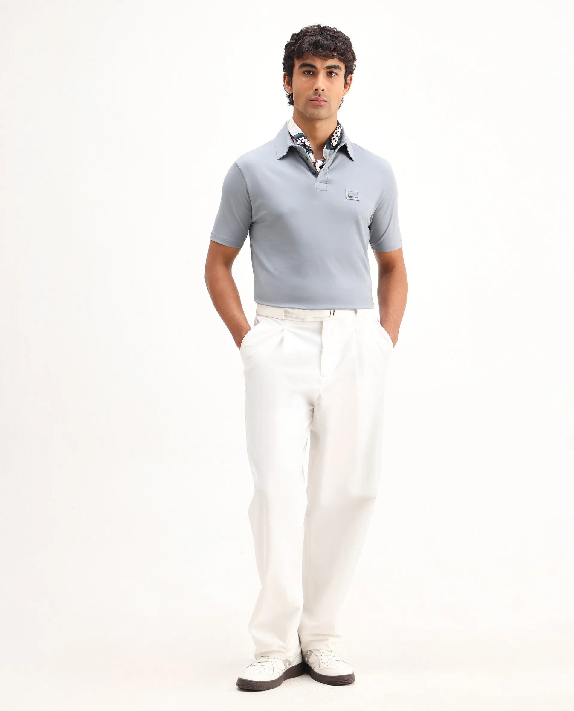 Rare Rabbit Men's Badger-25 Dusky Blue Cotton Blend Plain Regular Fit Half Sleeve Polo