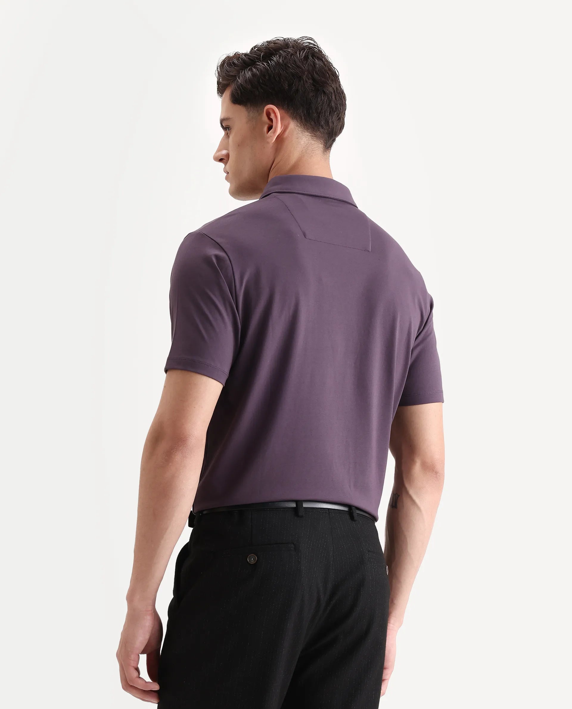 Rare Rabbit Men's Badger-A25 Dark Purple Cotton Blend Plain Regular Fit Half Sleeve Plain Polo